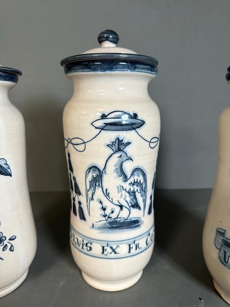 Three lidded blue and white jars with Latin inscription - Image 4 of 8