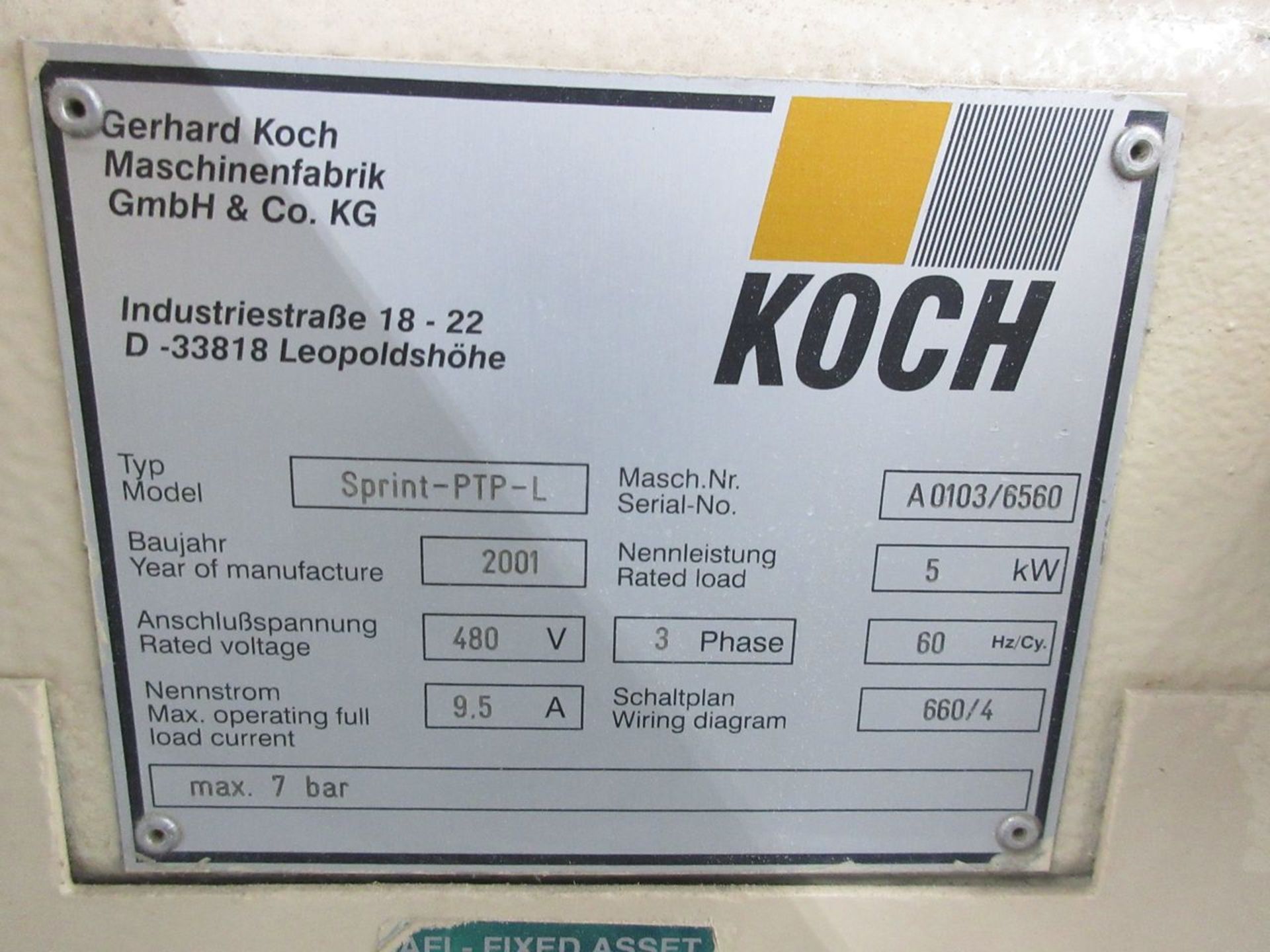 Koch Sprint PTP-L Dowel Driving (Insertion) Machine, S/N: A0103/6560 (2001); 92 in. wide, Top - Image 7 of 8