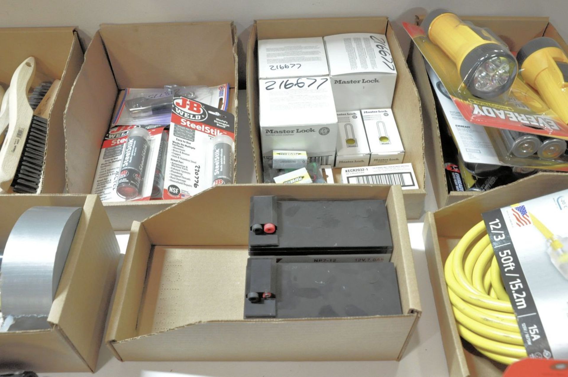 Lot - Tape Measures, Levels, Wire Brushes, Batteries, Flashlights, Saw Blades, etc. on (1) Desk Top, - Image 6 of 6