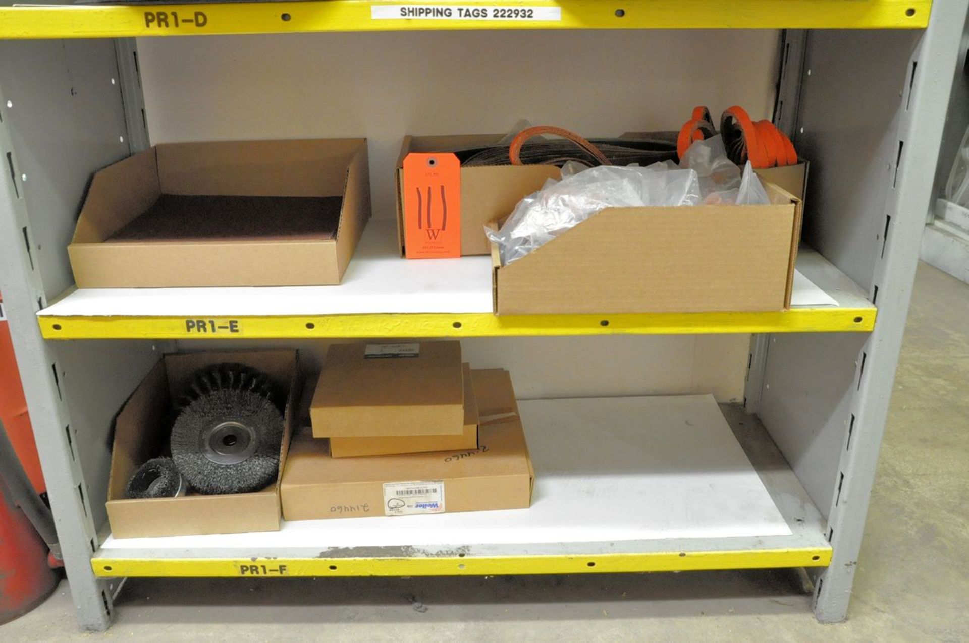 Lot - Various Sandpaper, Sanding Belts, and Wire Wheels in (3) Boxes on (2) Shelves, (Storeroom)