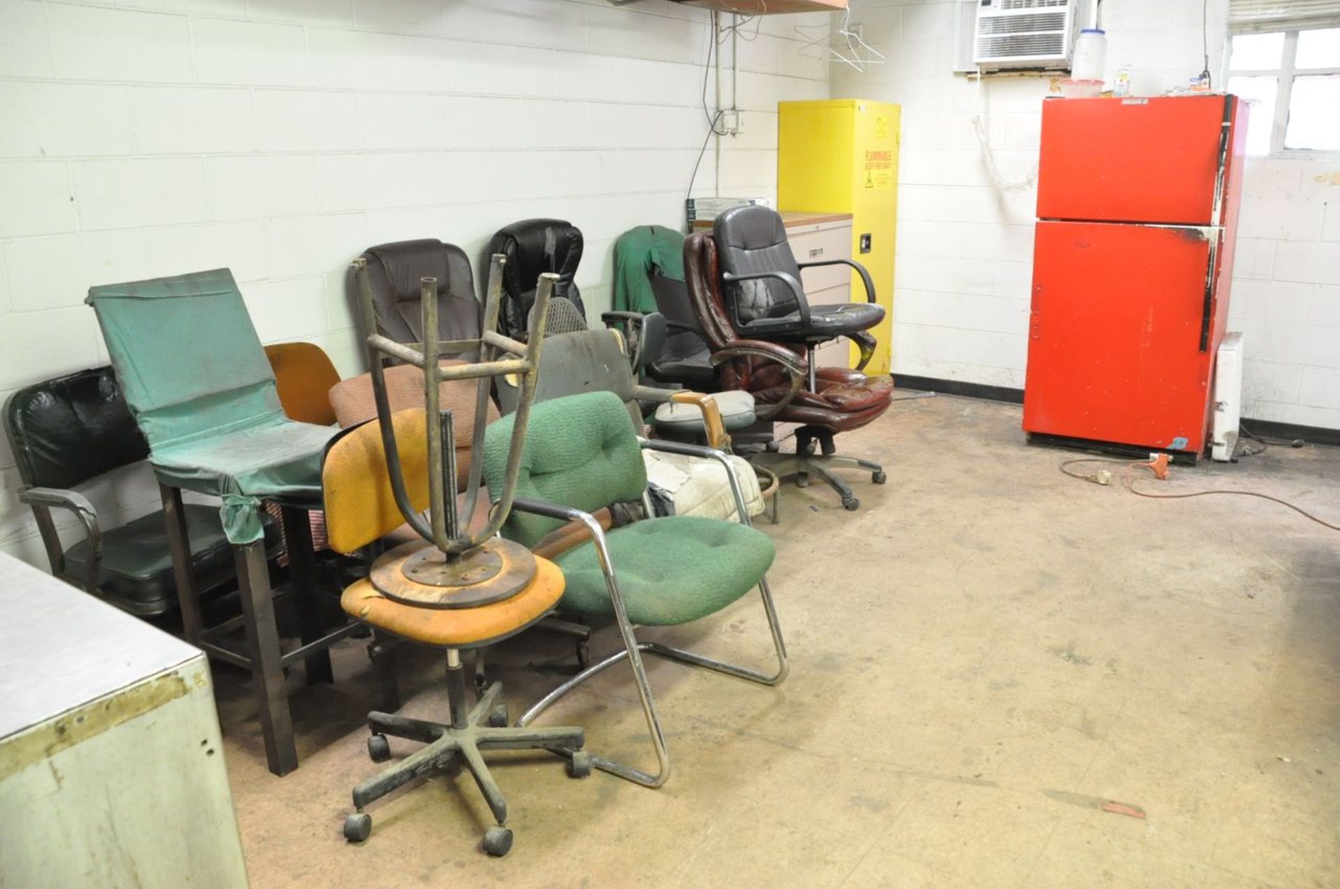 Lot - Chairs, Refrigerator, (2) Desks, Stainless Counter, File Cabinet, and Safety Cabinet in (1)