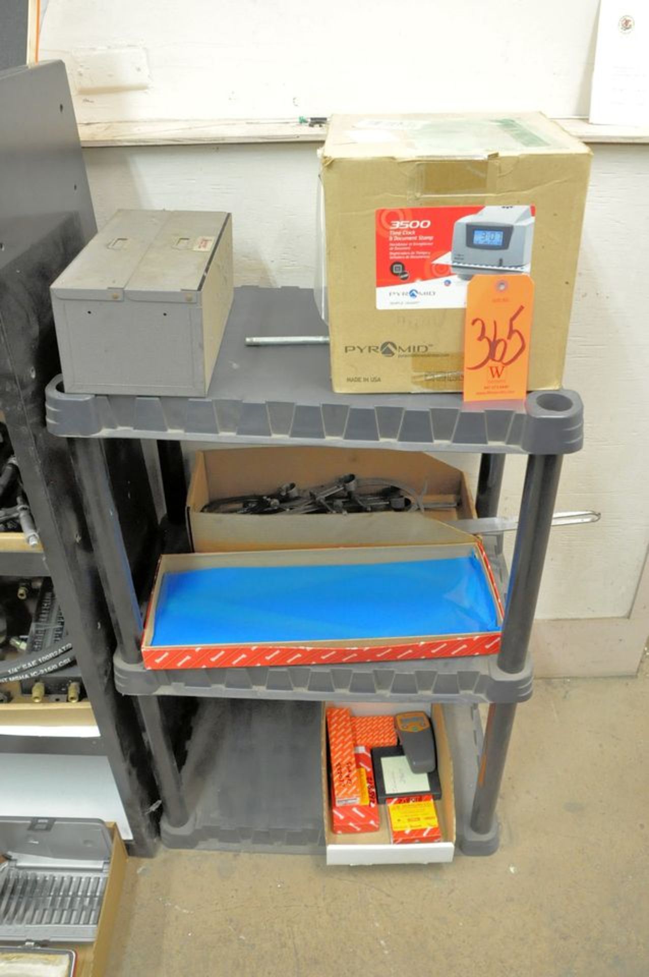 Lot - (1) Pyramid Electronic Time Clock, Key Box, Caliper, etc. on (3) Shelves, (Medical Office)