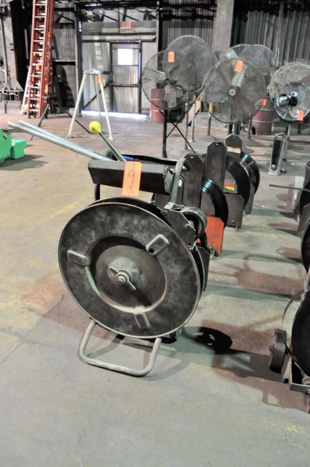 Lot - (1) Steel Banding Cart with Tools and (4) Stand Alone Banding Stands with 1 1/4" Steel