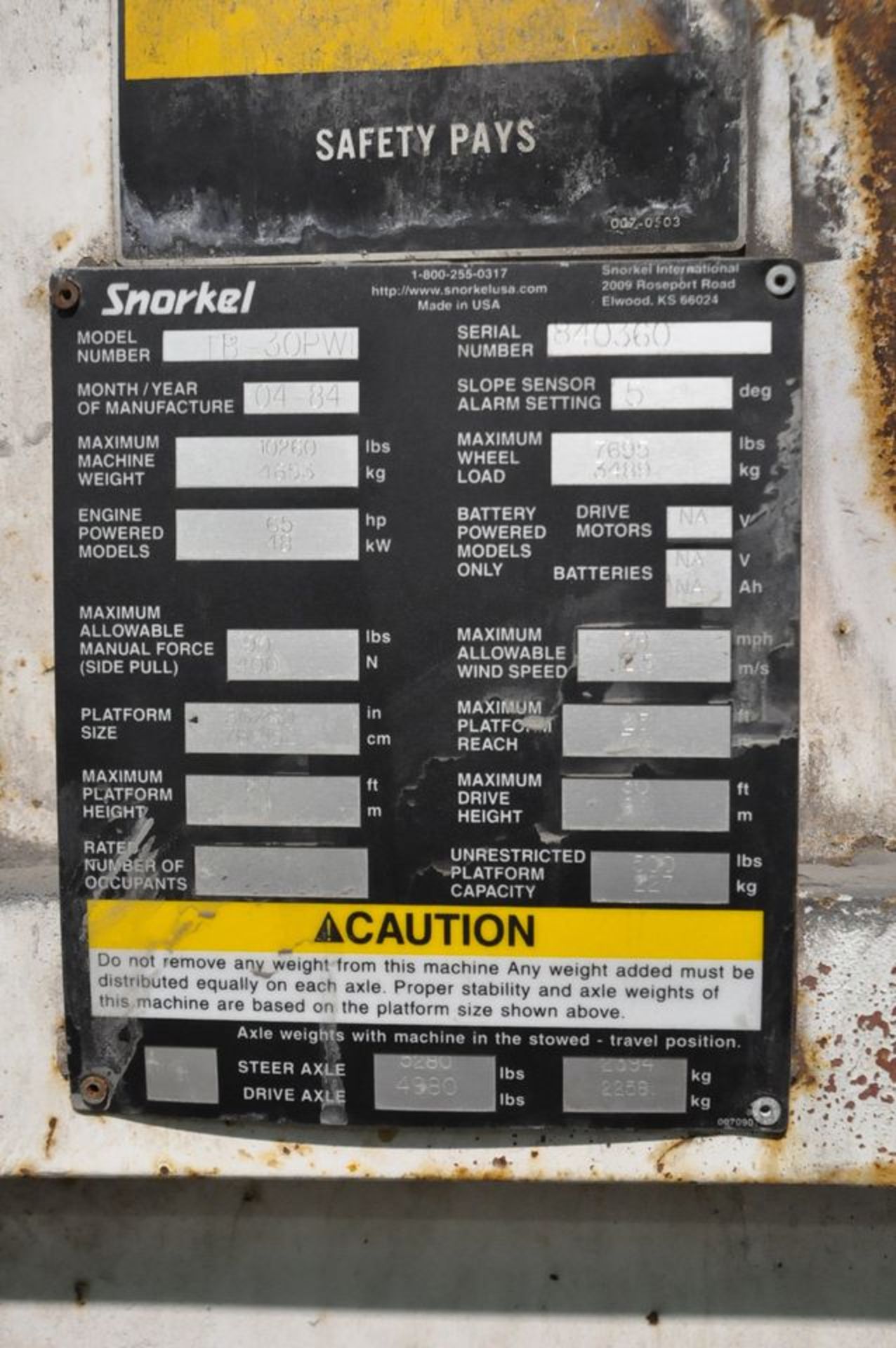 Snorkel Model TB-30PWI, Gas Powered Telescoping Personnel Boom Lift, S/n 840360, 30" x 60" Platform, - Image 8 of 8