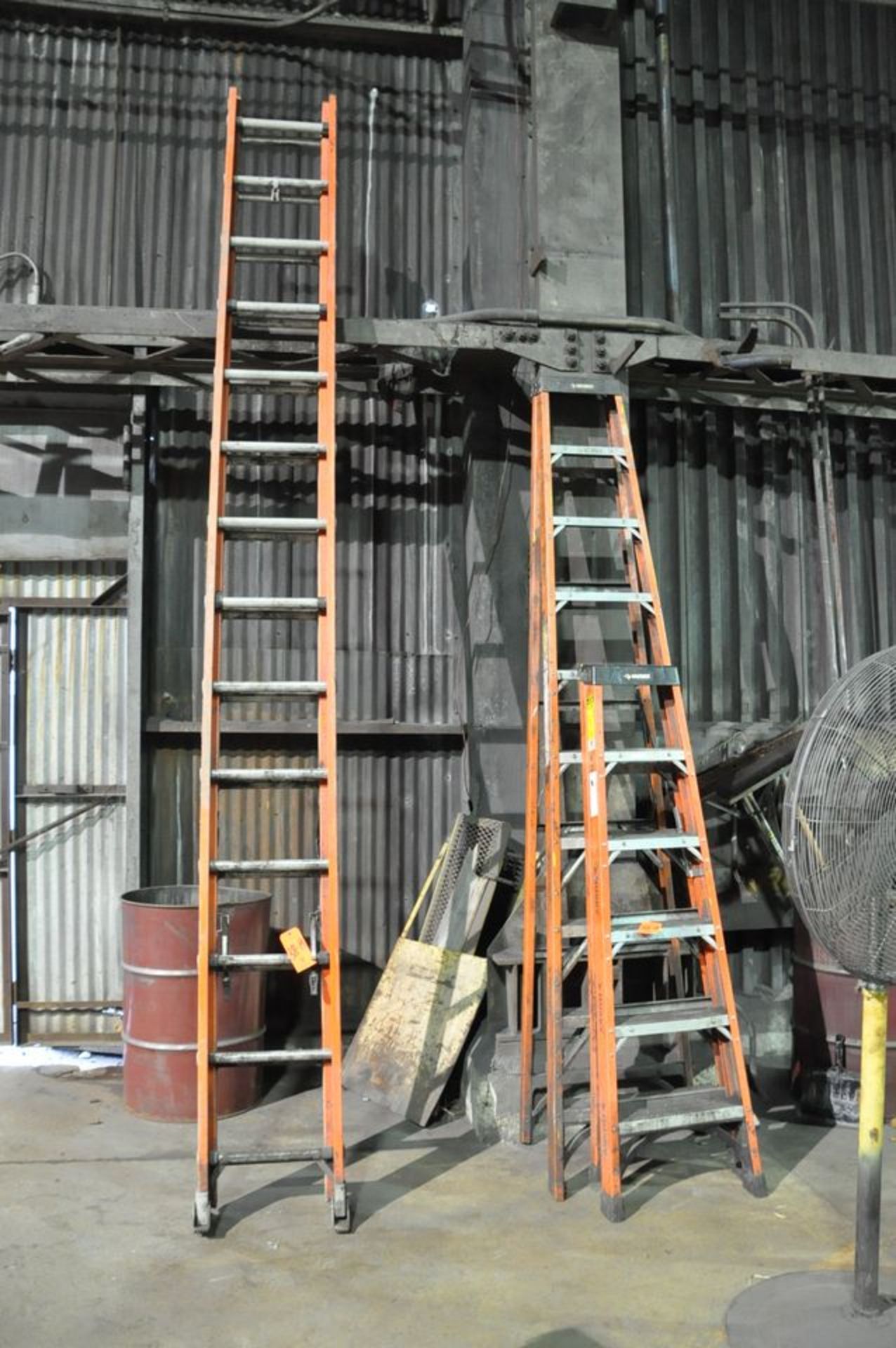 Lot - (1) 28' Fiberglass Extension Ladder, (1) 10' and (1) 6' Fiberglass Step Ladders, (Mill Annex)