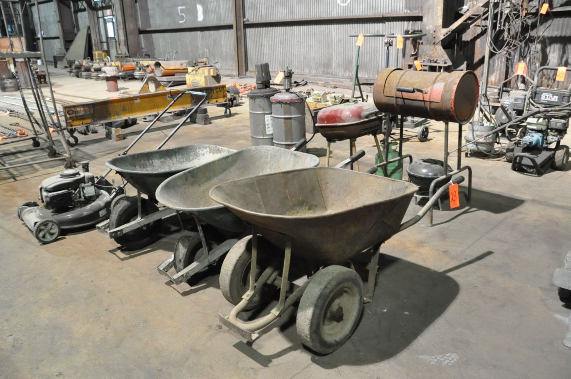 Lot - (3) Wheelbarrows, (1) Lawn Mower and (3) Barbecues, (Mill Annex)