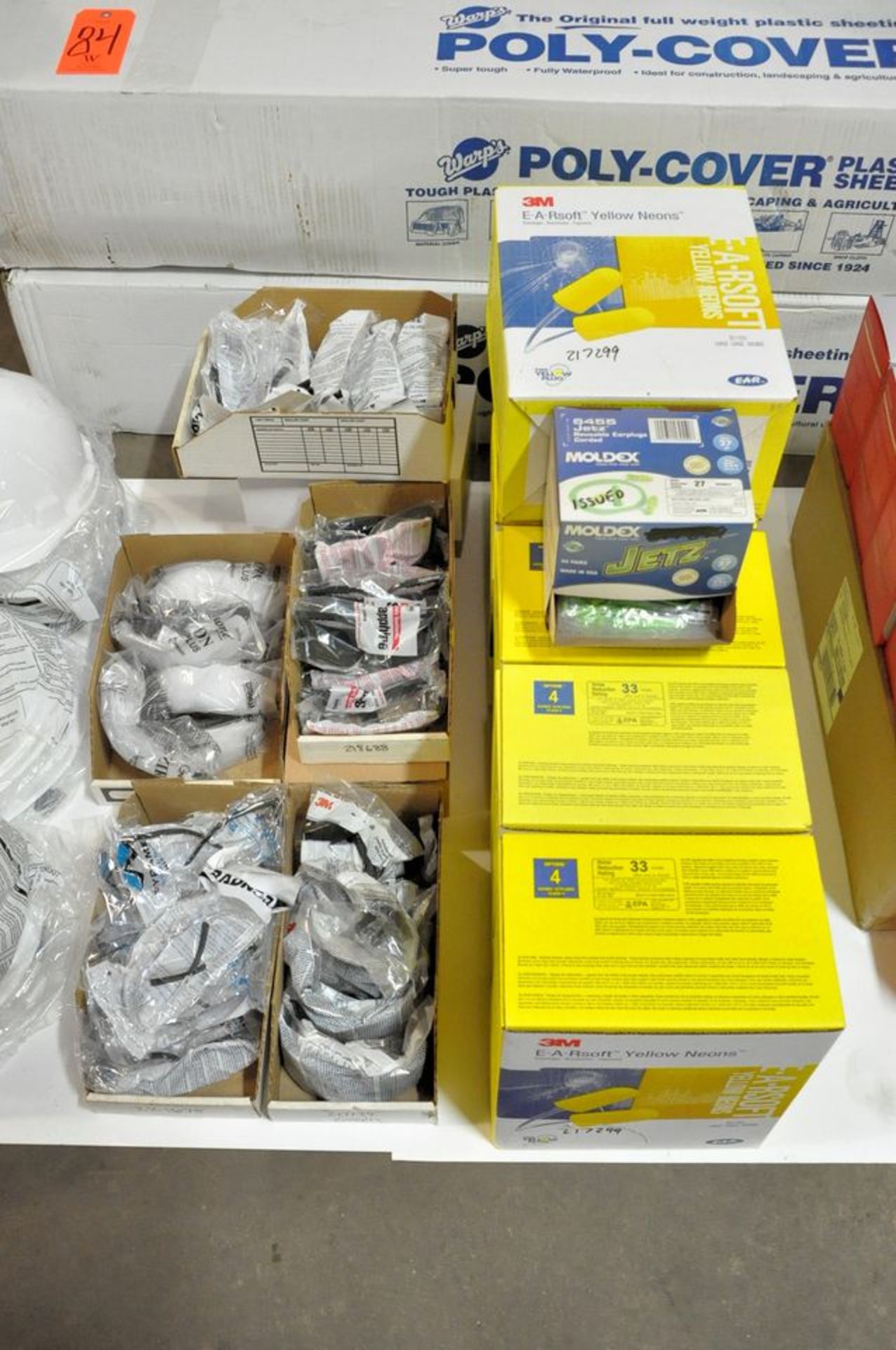 Lot - (2) Boxes of Warp's Poly-Cover Sheeting, Hard Hats, Safety Glasses, Ear Plugs, Ear Muffs, - Image 3 of 4