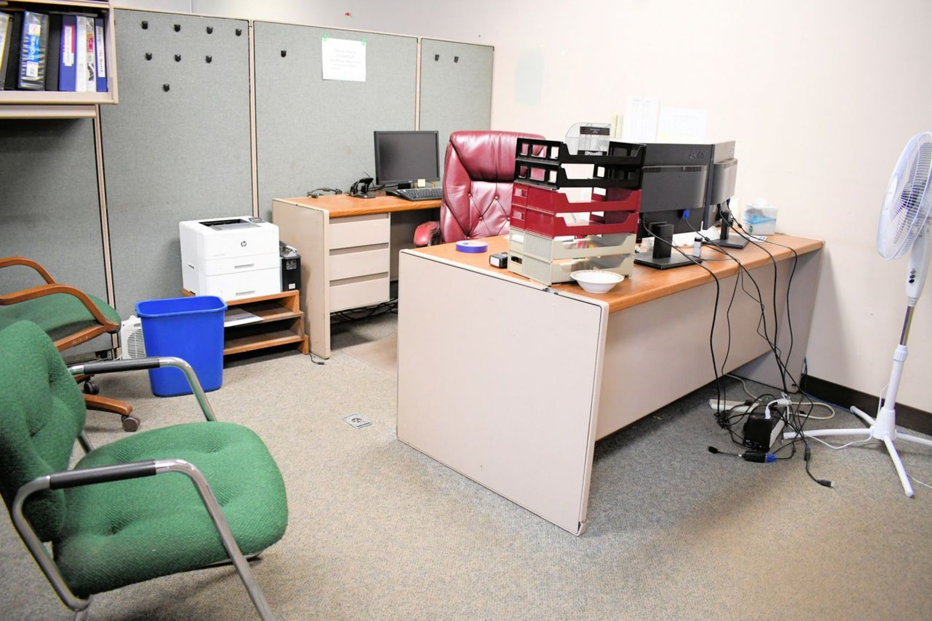 Lot - 4 Station Cubicle Partition Work System with Furniture, (File Cabinets Not Included), (Front - Image 2 of 5