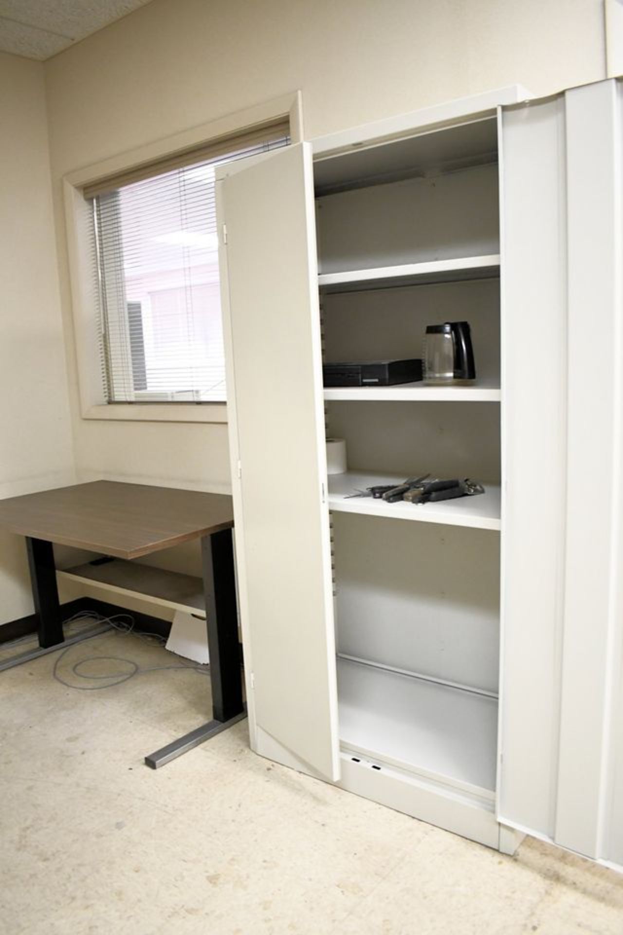 Lot - (2) Desks, (2) Tables, (1) File Cabinet, (1) 2-Door Cabinet, (1) Refrigerator, and Cubicle - Image 3 of 3