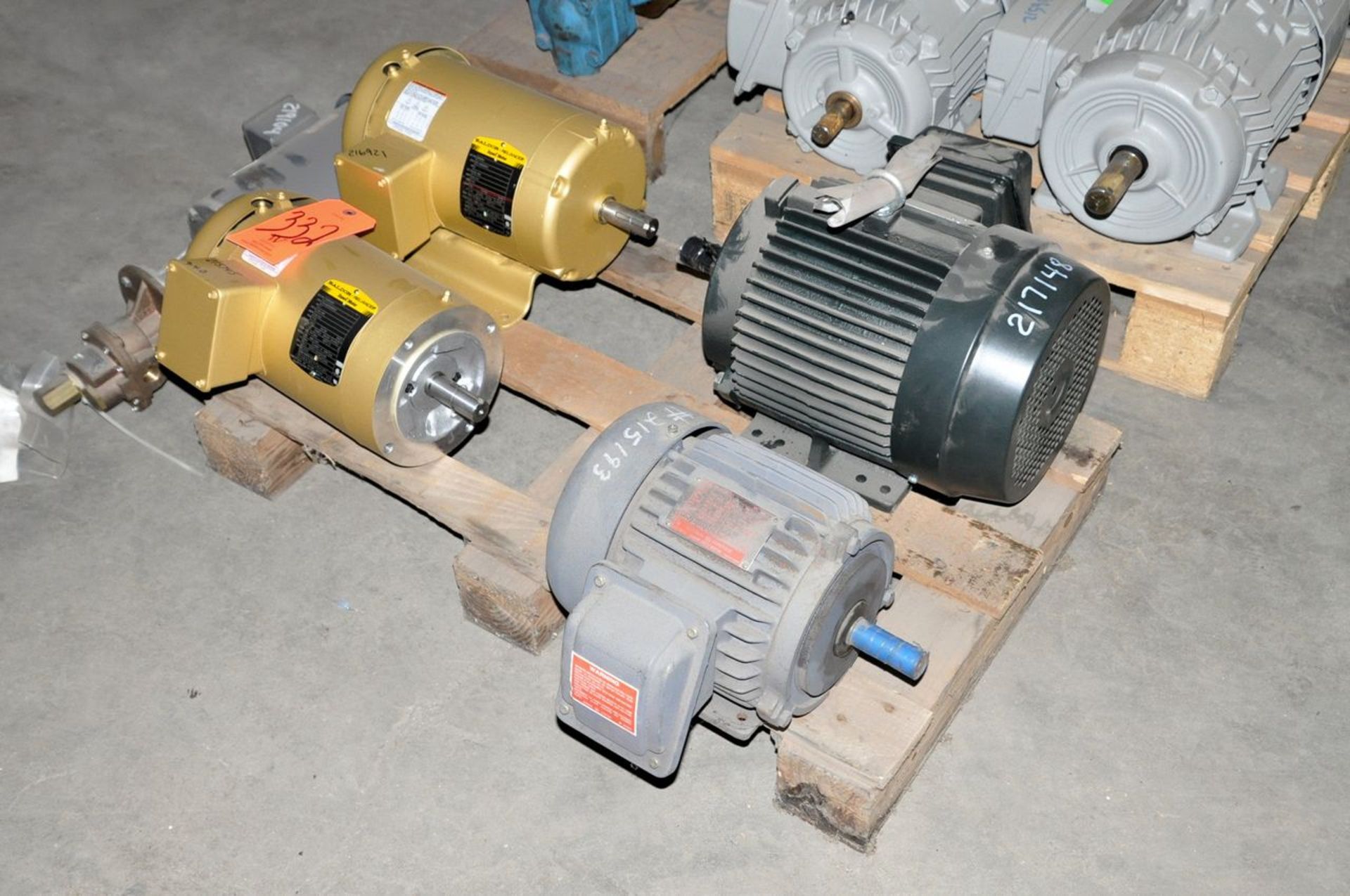 Lot - (2) 1-HP, (2) 2-HP, (1) 5-HP Motors on (1) Pallet, (Storeroom)