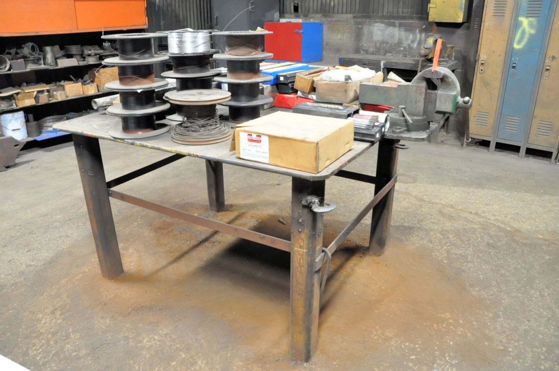 Lot - (3) Various Steel Welding Benches with (1) Vise, (Contents Not Included), (Not to Be Removed