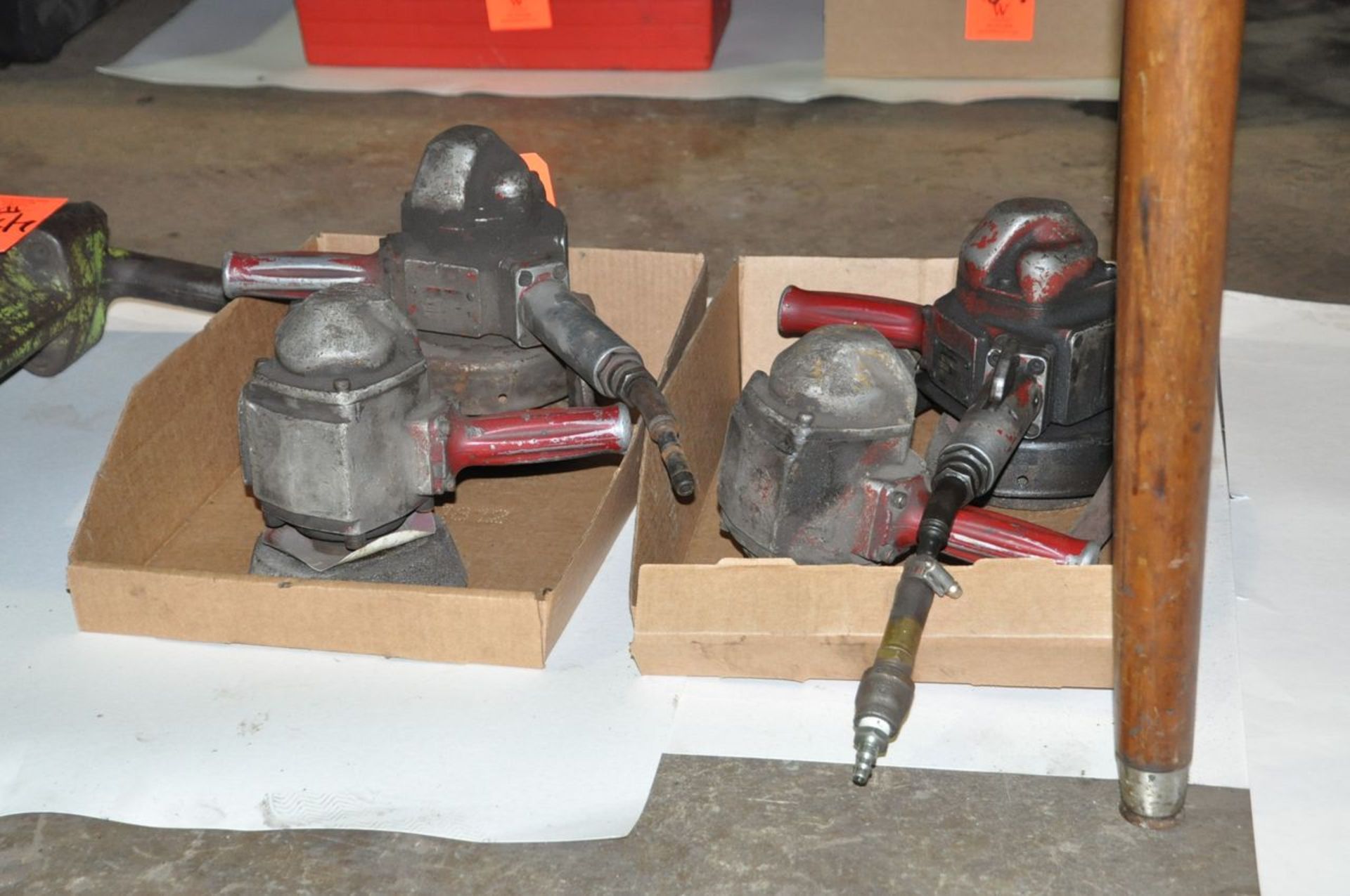 Lot - (4) Industrial Large Pneumatic Grinders in (2) Boxes on Floor Under (1) Table, (Machine Shop)