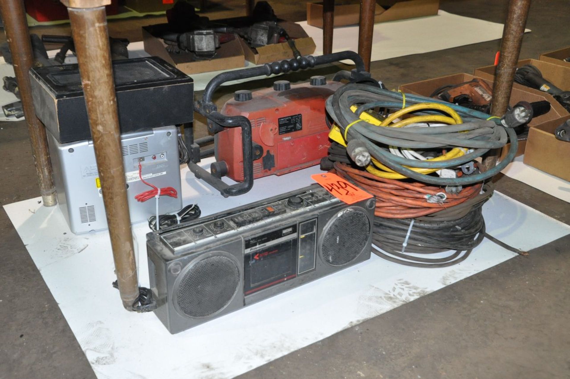 Lot - Radios and Extension Cords Under (1) Bench, (Machine Shop)