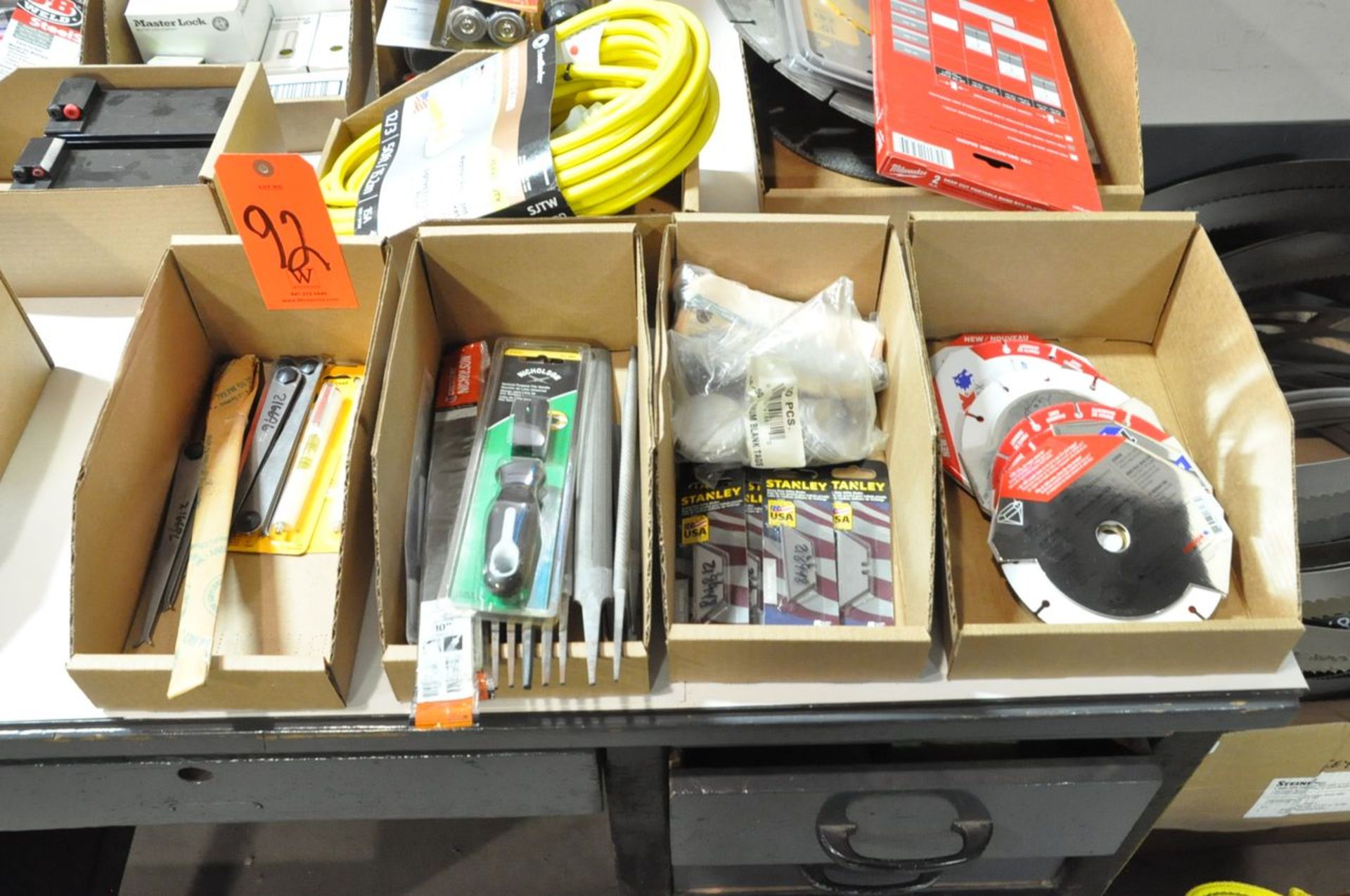 Lot - Tape Measures, Levels, Wire Brushes, Batteries, Flashlights, Saw Blades, etc. on (1) Desk Top, - Image 4 of 6