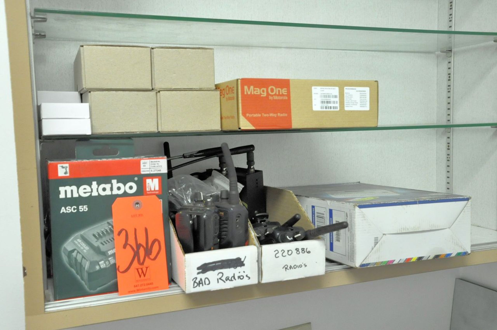 Lot - Metabo Charger, 2-Way Radios, Chargers, on (2) Shelves and on Floor, (Medical Office)