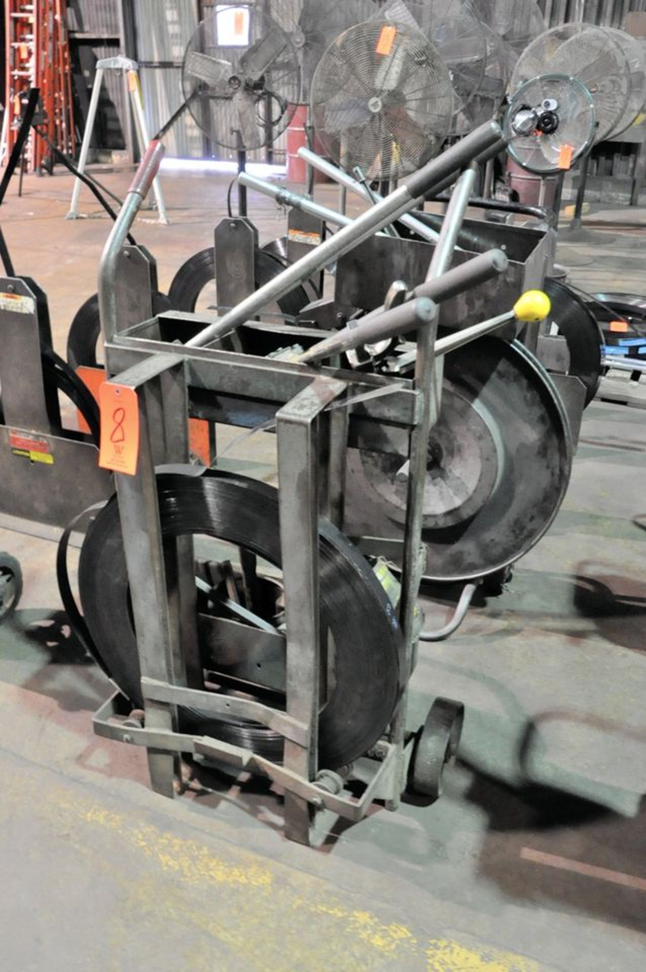 Lot - (2) 1 1/4" Steel Banding Carts with Banding, Tools, Clips and (2) Stand Alone Banding Stands