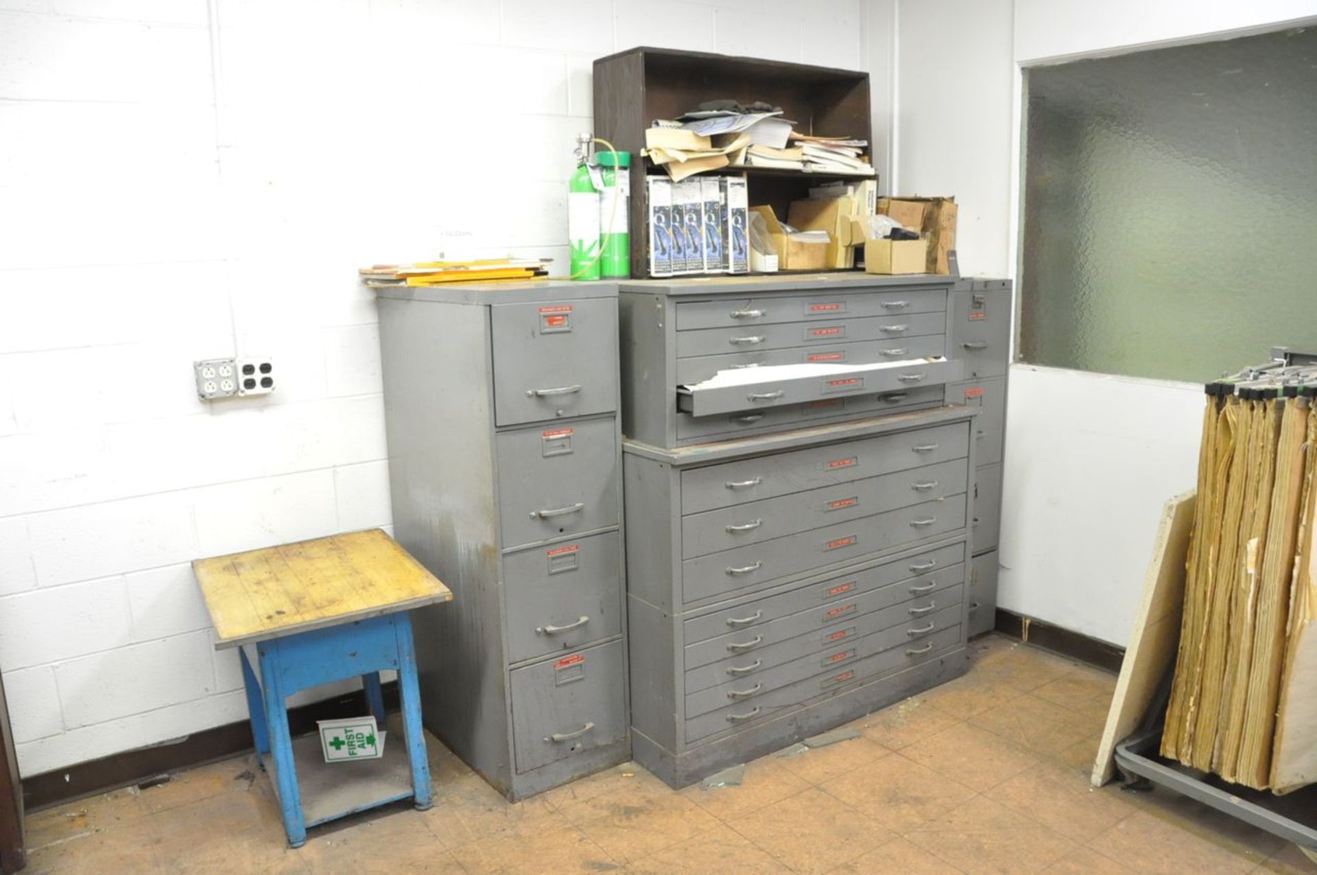 Lot - Blueprint Cabinets, Copy Machine, File Cabinet, Desks, Chairs, Printer, Stands, in (1) Office,