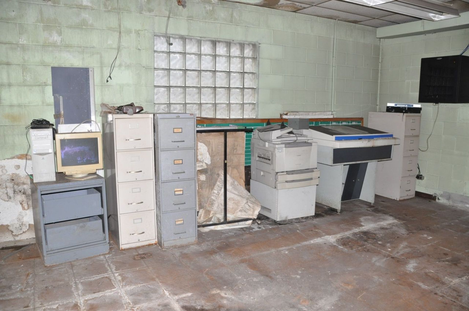 Lot - Drawing Tables, Copy Machine, File Cabinets, Desks, Chairs, Refrigerator and Microwave in (