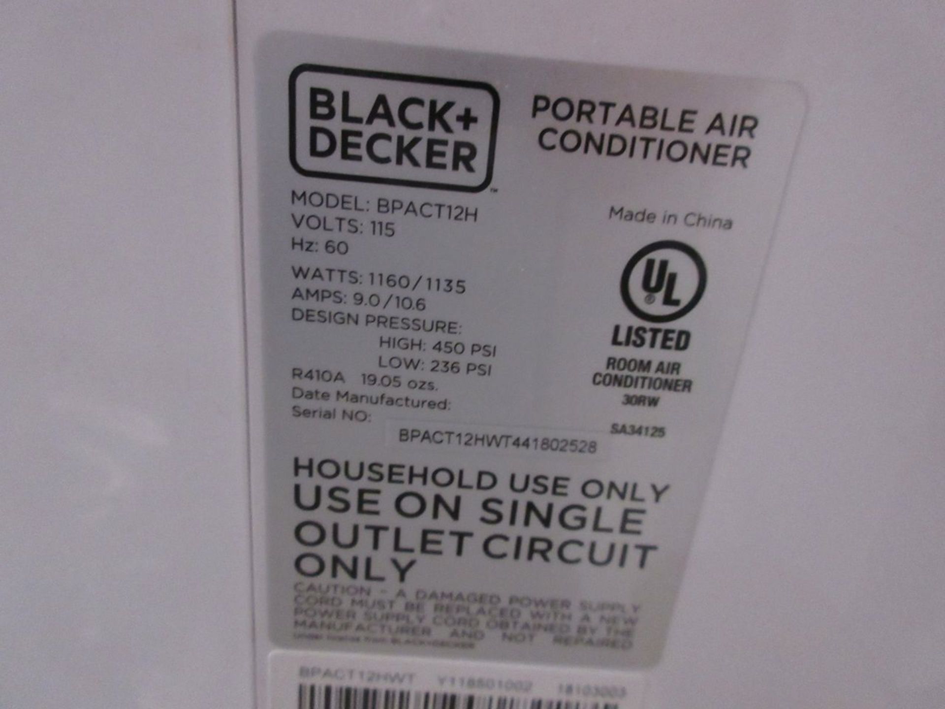Black & Decker Model BPACT12H Portable Air Conditioner - Image 2 of 2