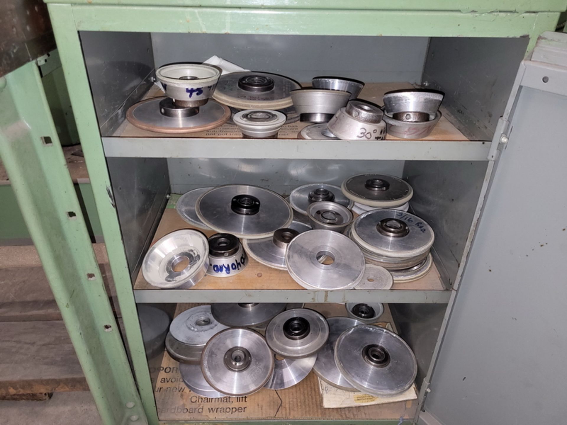 Lot - Small Shop Cabinet & Internal Contents; with Assorted Used Diamond Grinding Wheels