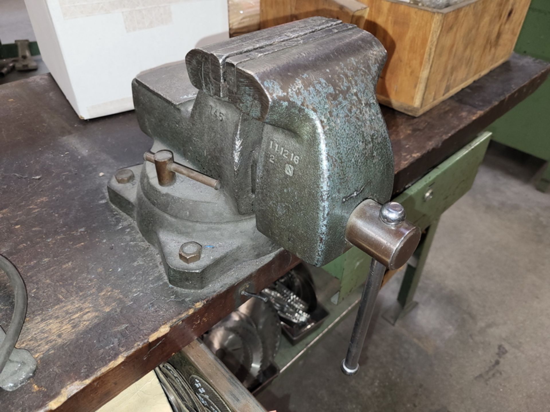 Wood Top Work Bench; with Attached 5 in. Vise & Contents of Drawer & Lower Shelf, Grinding - Image 2 of 4