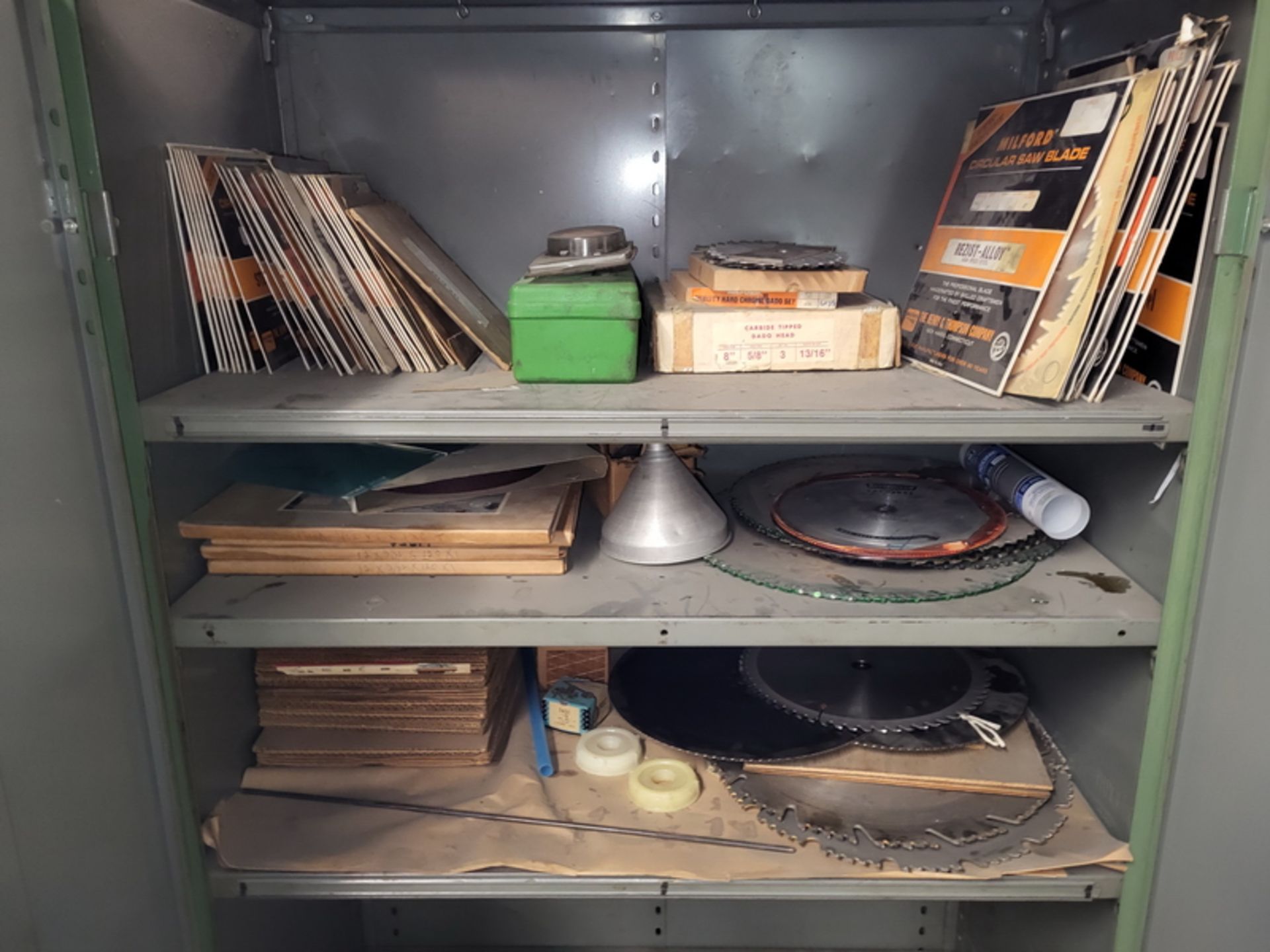 Lot - Shelving Unit & Contents; with Assorted Carbide Tipped Saw Blades, Circular Saw Blades,