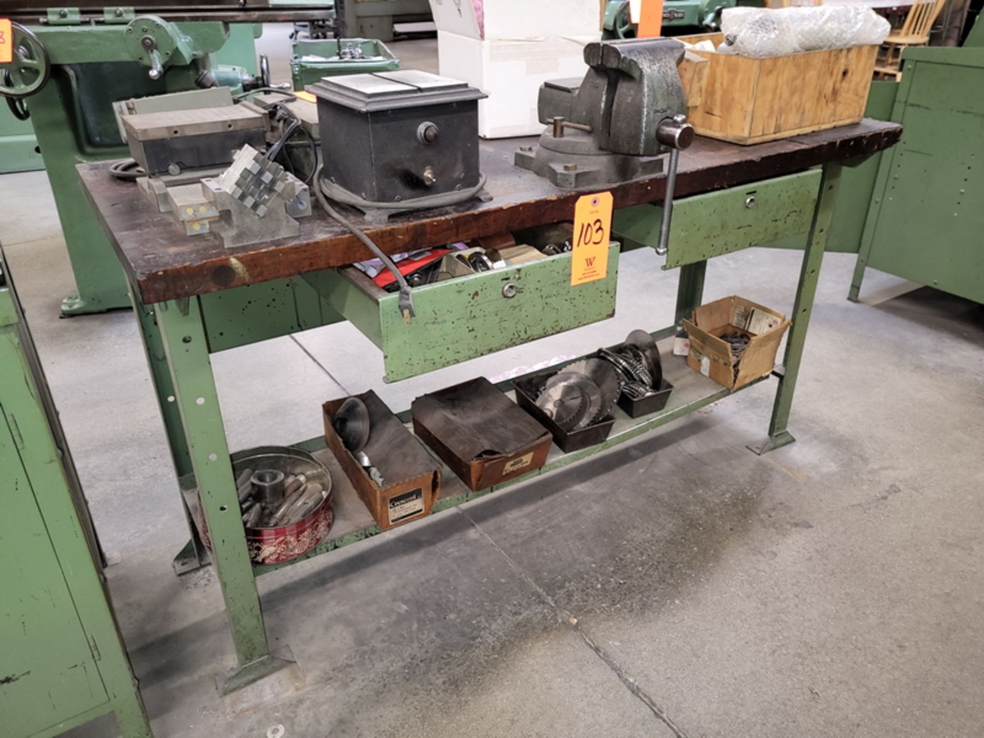 Wood Top Work Bench; with Attached 5 in. Vise & Contents of Drawer & Lower Shelf, Grinding