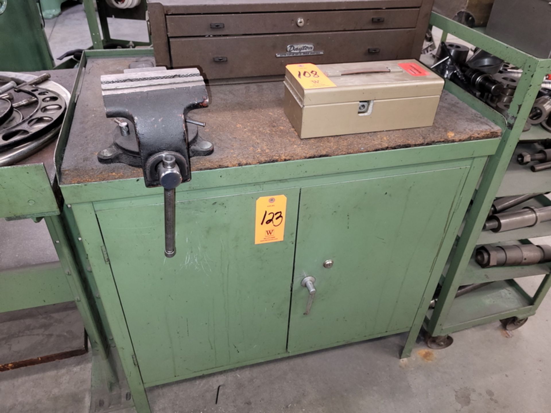 Lot - 2-Door Shop Cabinet & Internal Contents; Includes Attached 6 in. Bench Vise & Used Grinding