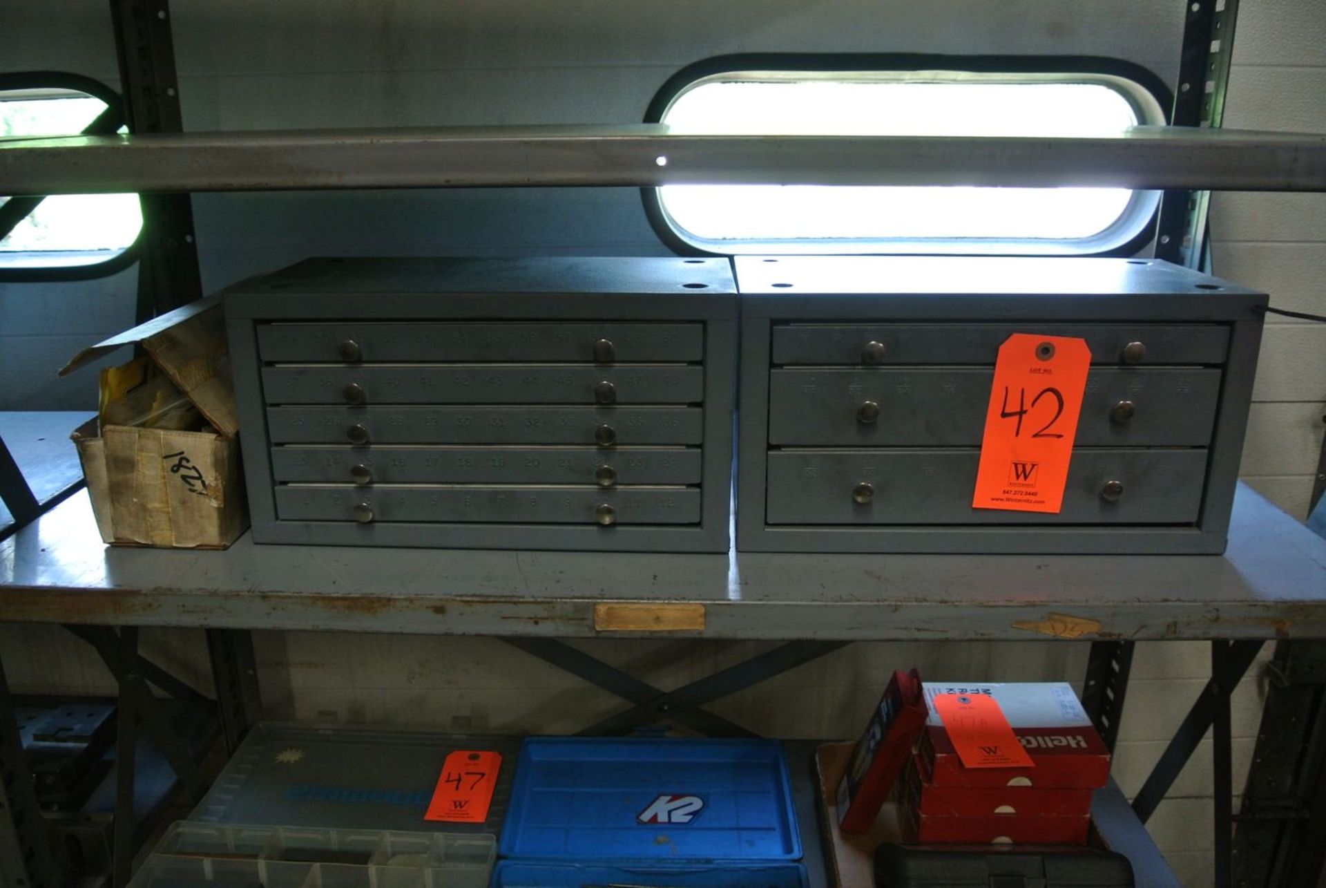 Lot - (2) Hout Table-Top Drill Bit Indexing Cabinets; (1) 3-Drawer, and (1) 5-Drawer, with Related