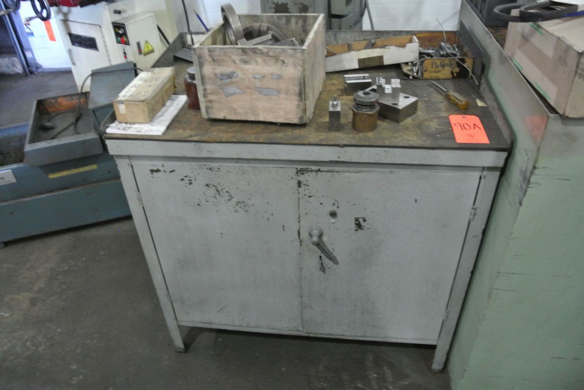 Lot - 2-Door Cabinet with Grinding Vise, 1-2-3 Blocks, V-Blocks, Angle Plates, Etc., and (1)