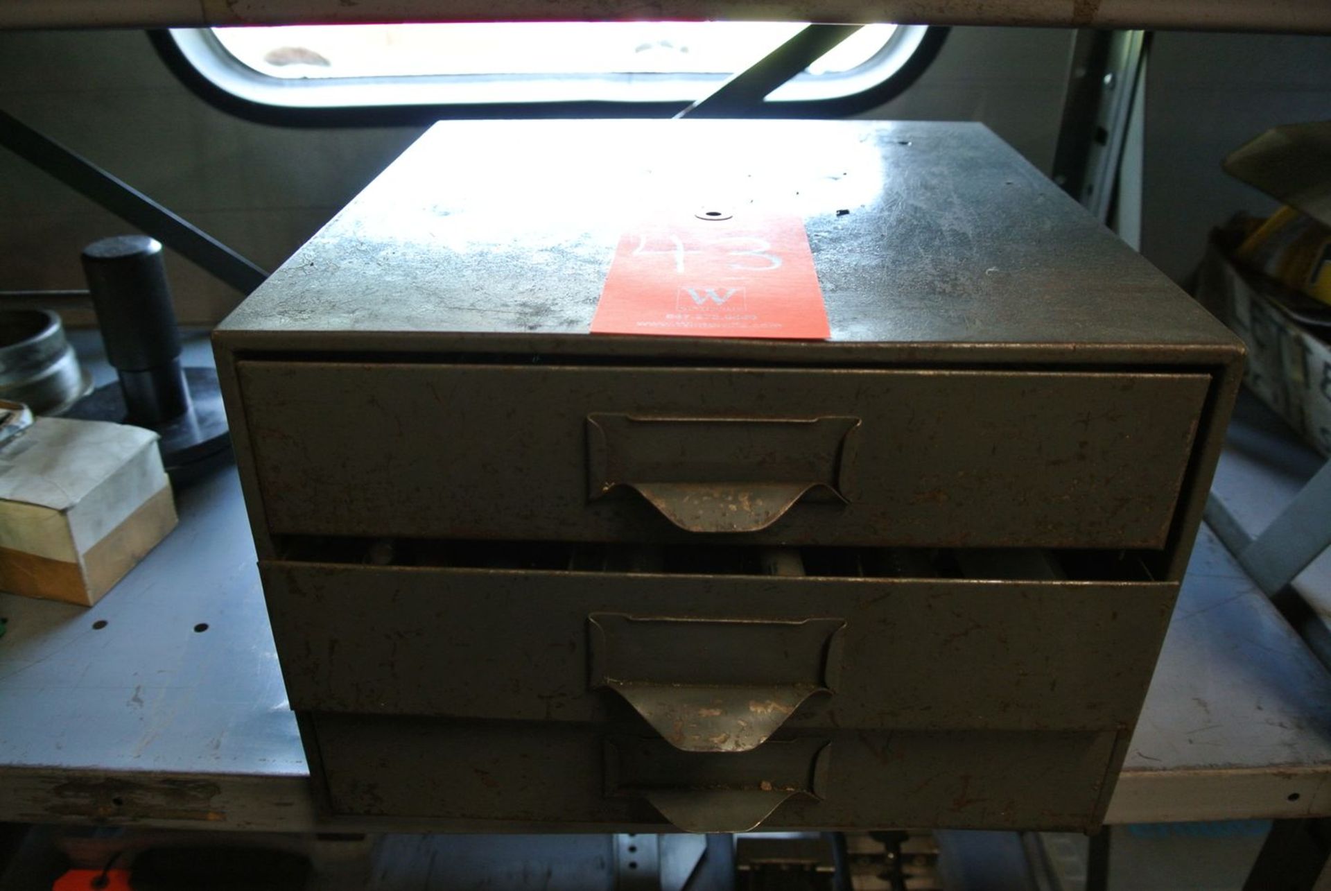 Lot - 3-Drawer Table-Top Drill Bit Cabinet; with Various End Mills, Assorted Carbide Tools, Drill