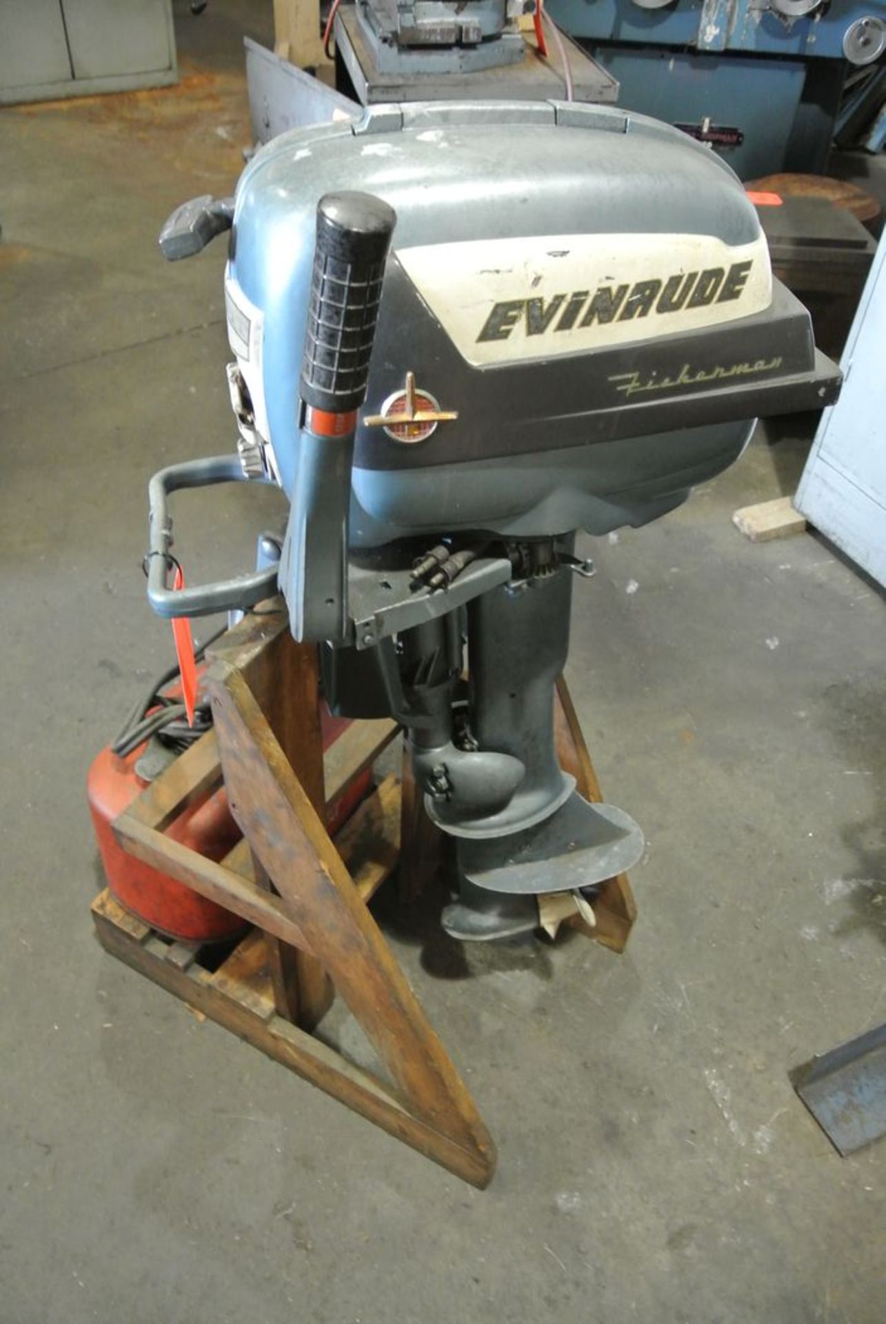 Evinrude Fisherman Outboard Motor; with Stand and Gas Tank