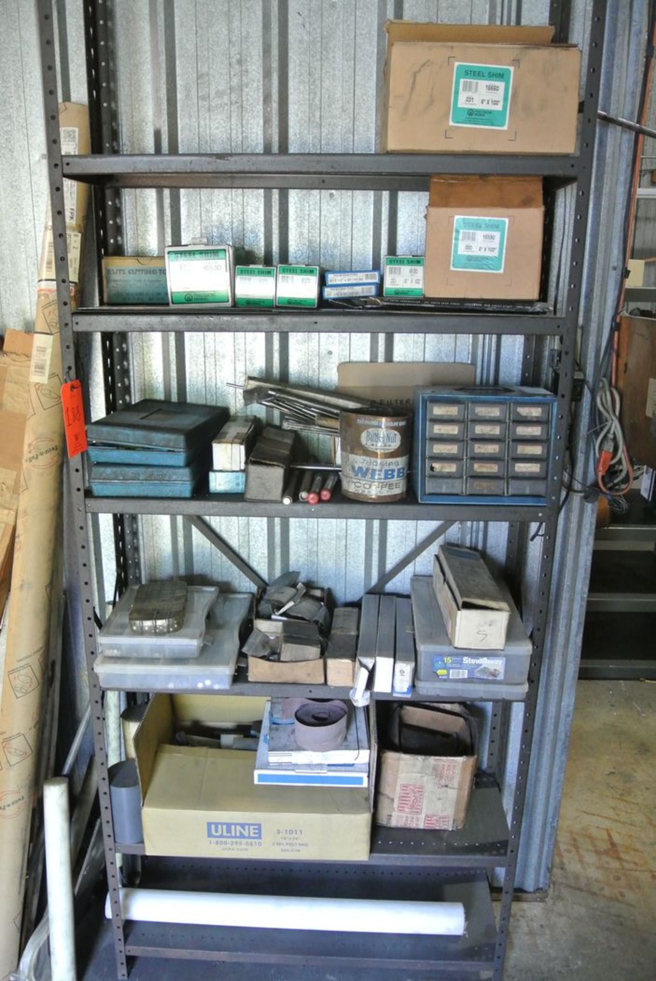 Lot - (2) Racks and Contents, Consisting of: Steel Shims, Small Parts Cabinet, Spring Stock, Gage