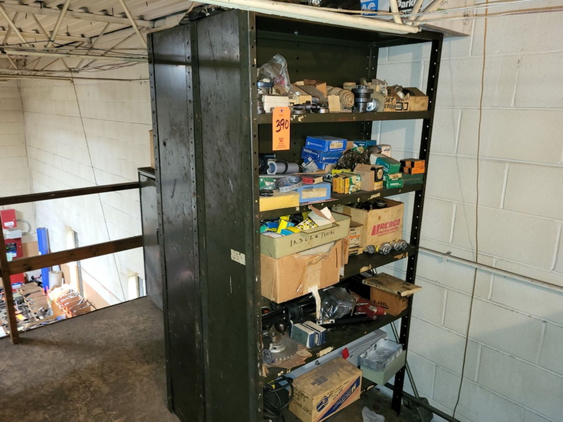 Lot - Shelving, Cabinet and Contents, to Include: Electrical Spares (Note: Items Located in Upstairs