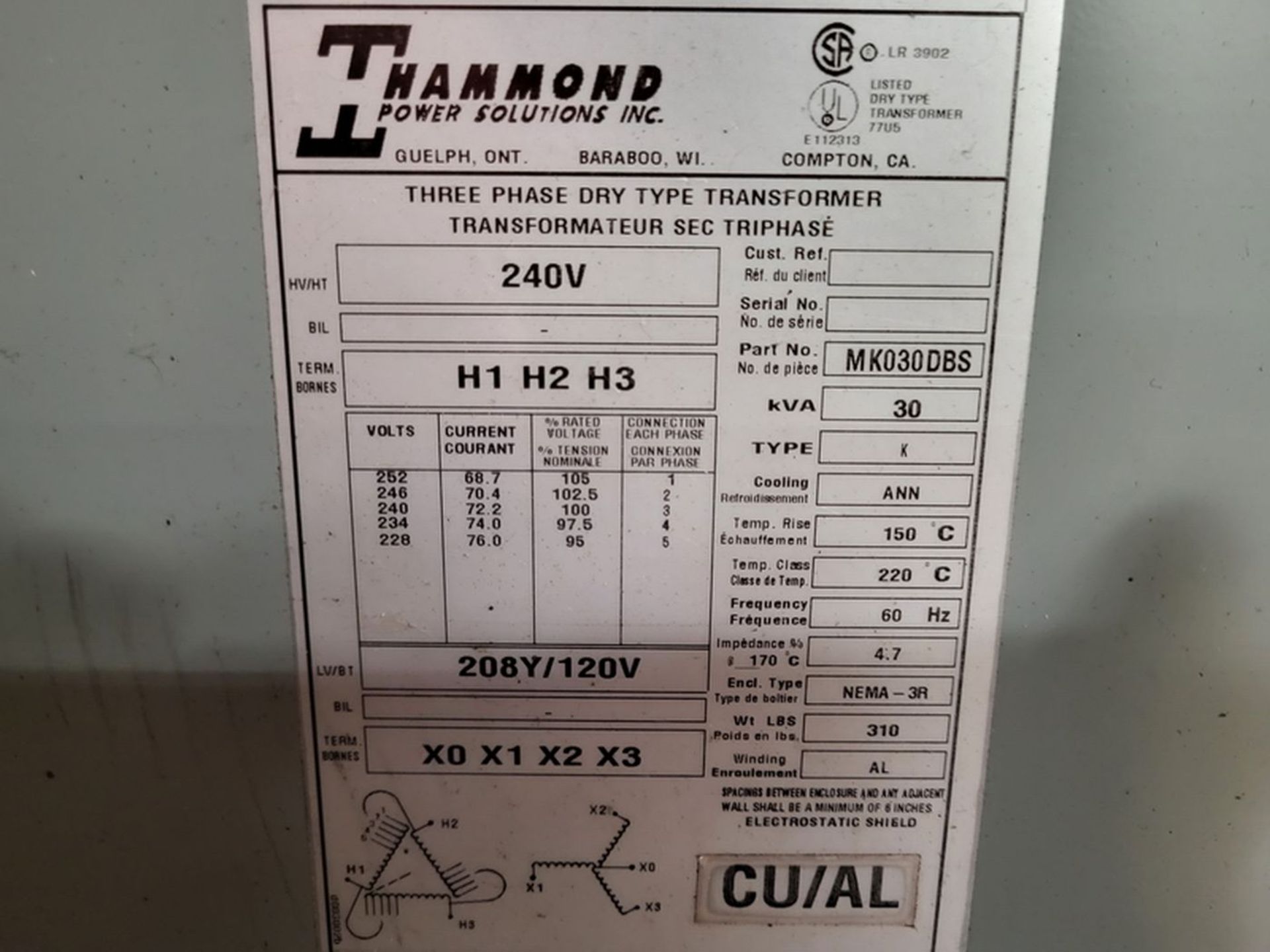 Hammond 30 kVA 3-Phase Dry Type Transformer, HV/HT 240-V, LV/BT 208Y/120V, Weight 310 lbs. - Image 2 of 2