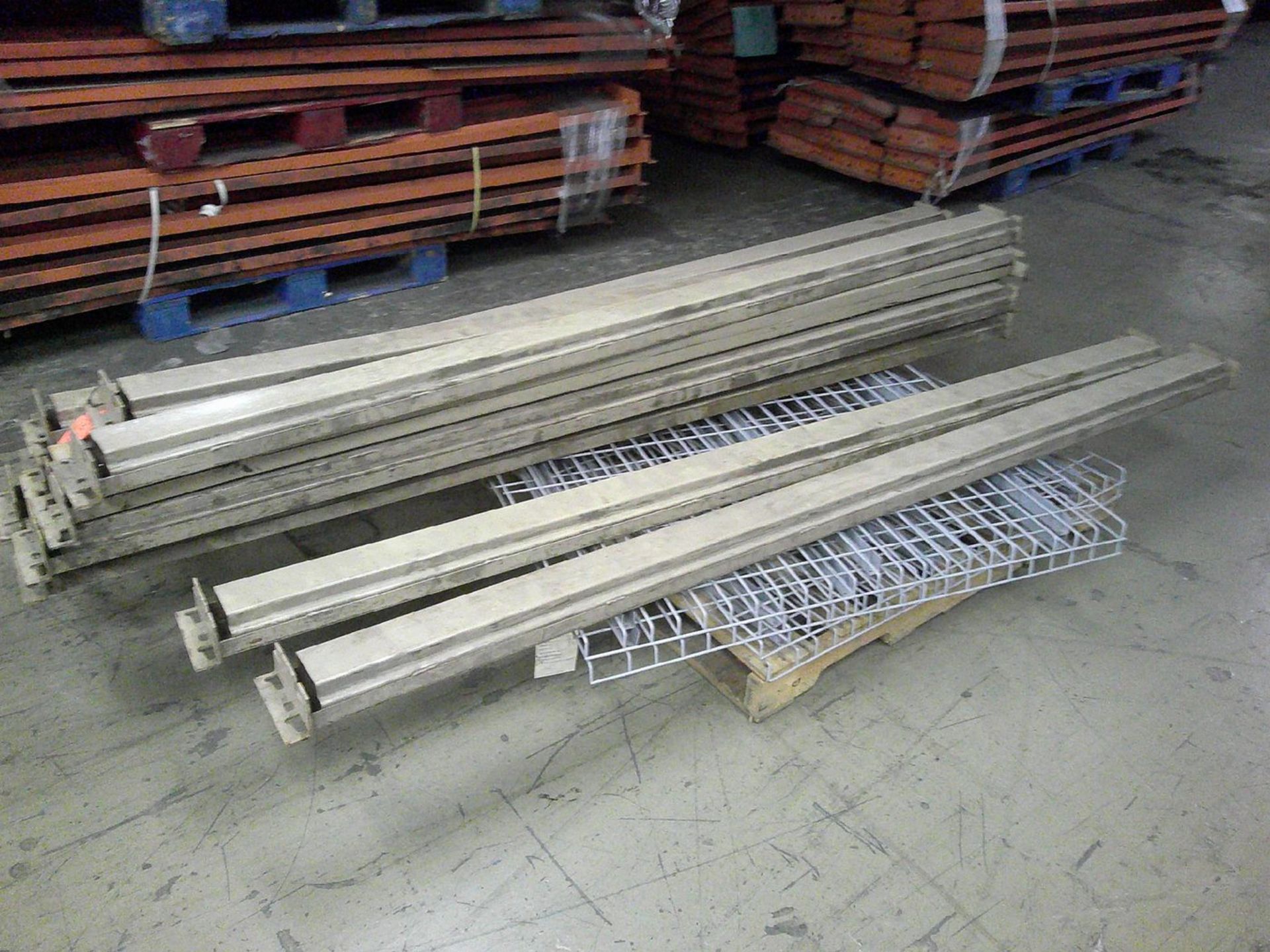 Lot - Pallet of Cross Beams, with Wire Mesh Deck on Pallet; Assorted Uprights; More Cross Beams (3-