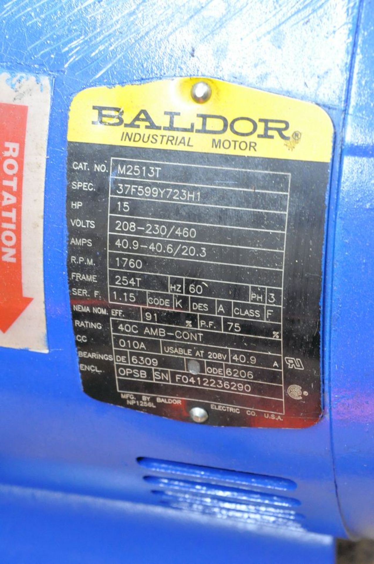 Baldor Cat No M2513T 15 HP Electric Motor, S/N F0412236290, 1,760 RPM, 3-PH - Image 2 of 2