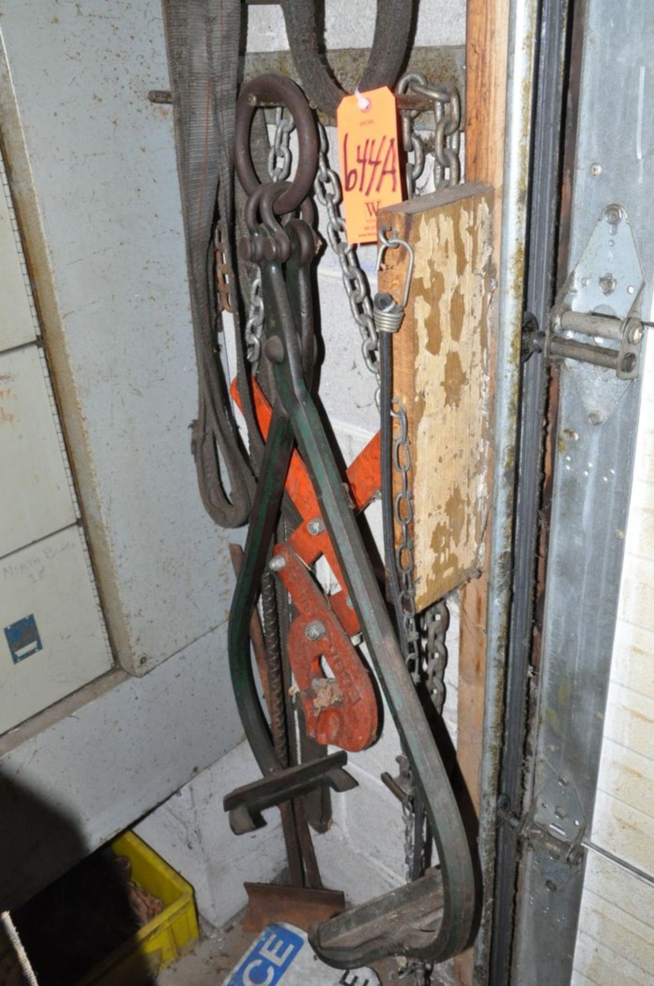 Lot - (4) Strap Slings, (1) Mesh Sling, (2) Material Grabs and (1) Pallet Grab on Wall with Chain - Image 4 of 5