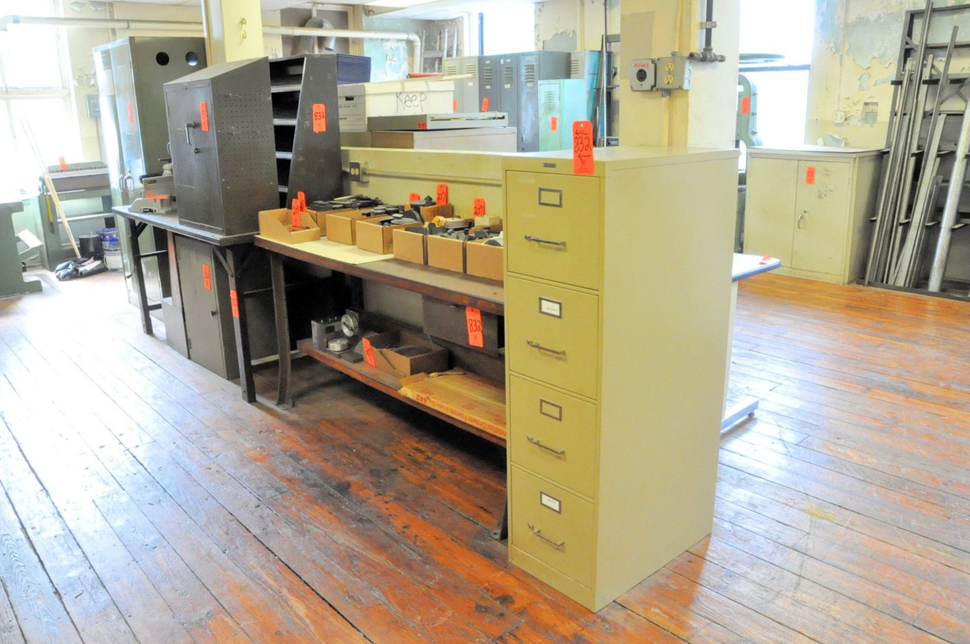 Lot - (2) 6' Benches, (1) 2-Door Tall Supply Cabinet, (2) Short Shop Cabinets, (1) 4-Drawer File