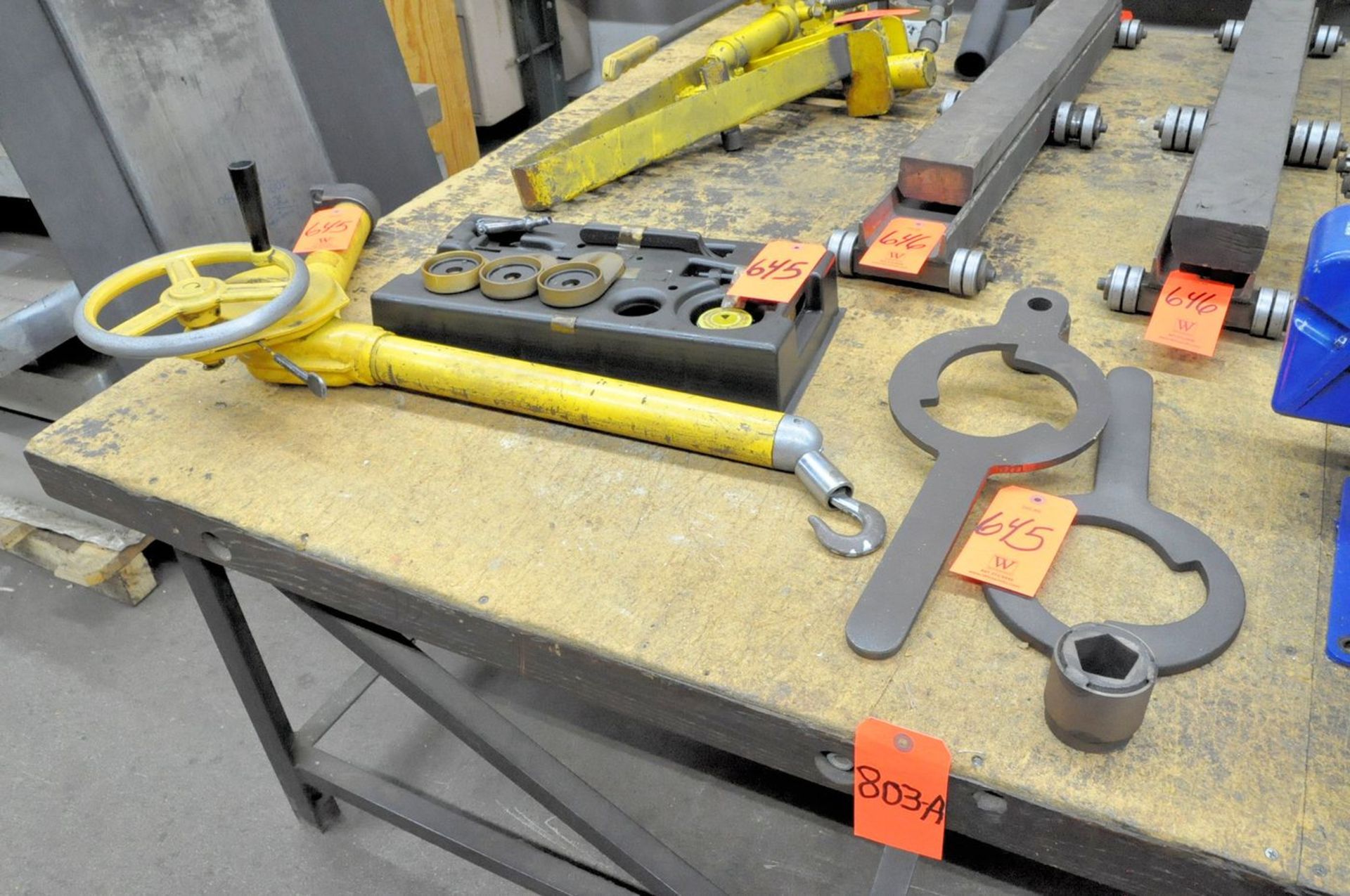 Lot - Manual Hand Crank Hoist, W.A. Whitney Model 711 Hydraulic Machine Part, (2) Hoist Trolleys and