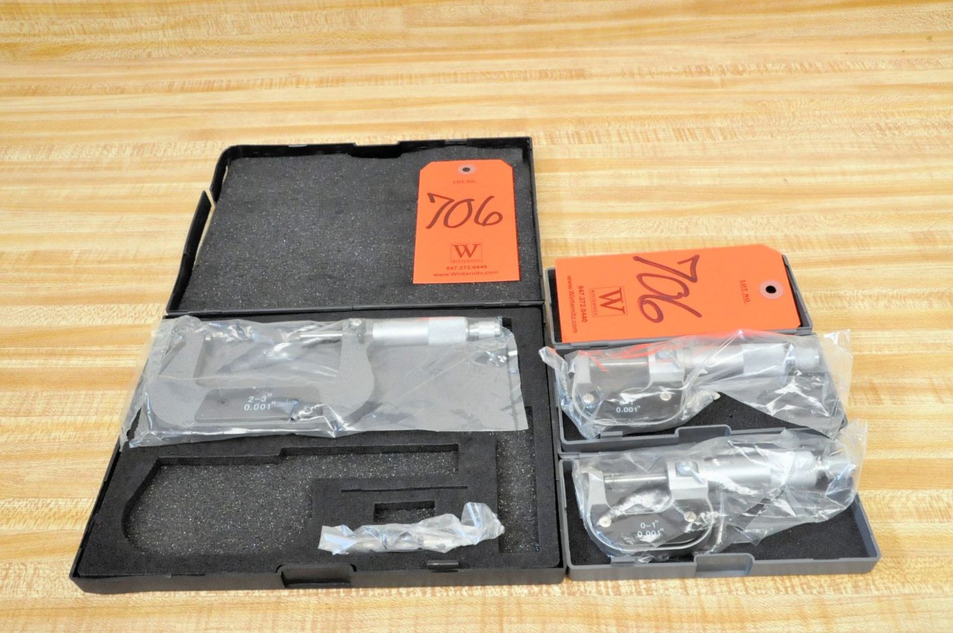 Lot - (2) 0" to 1" Micrometers with Cases and (1) Pittsburgh 2" to 3" Micrometer with Case, and (