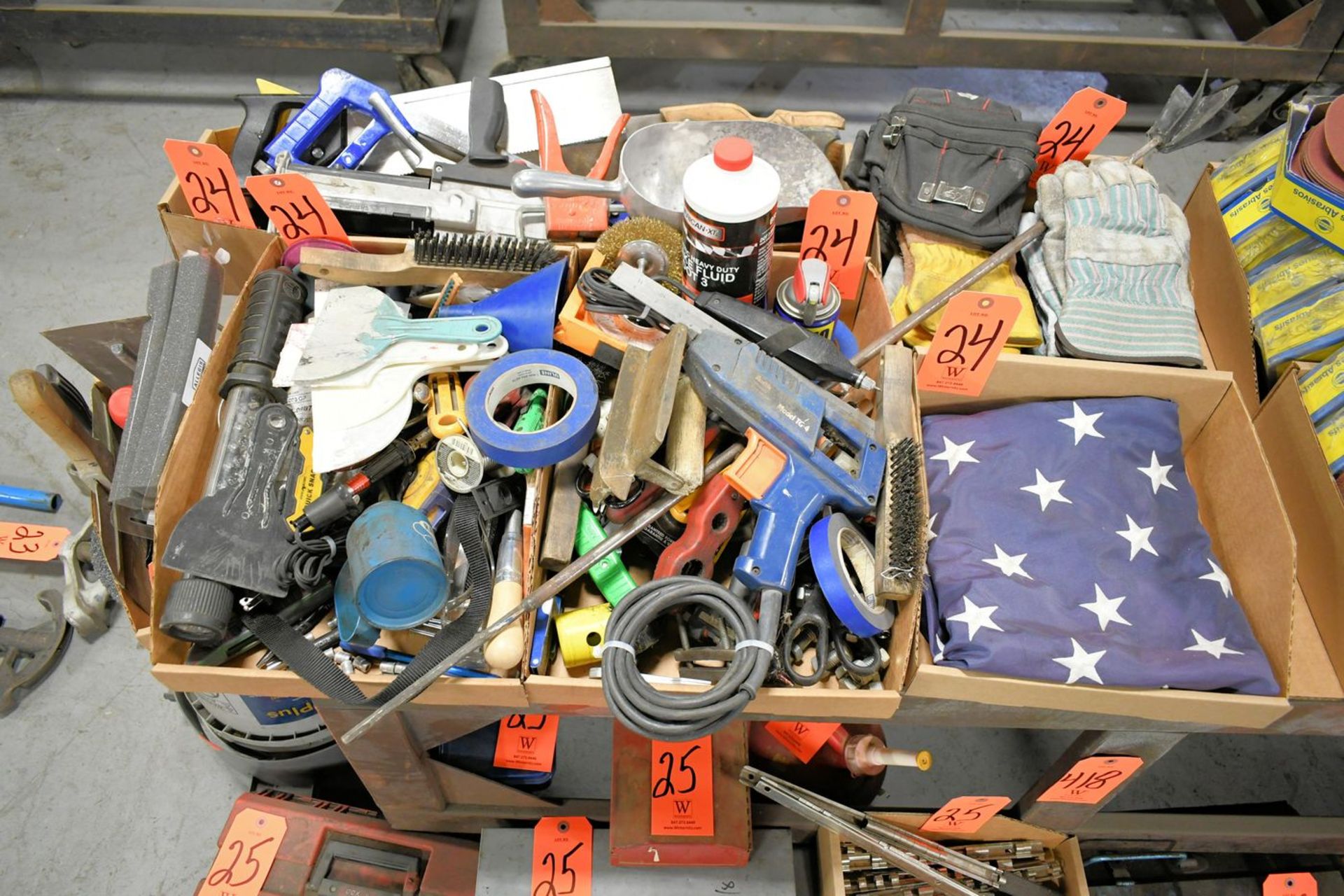 Lot - Glue Gun, American Flag, Gloves, Trowels, Hack Saws, Knives, Scissors, Scrapers, Brishes,