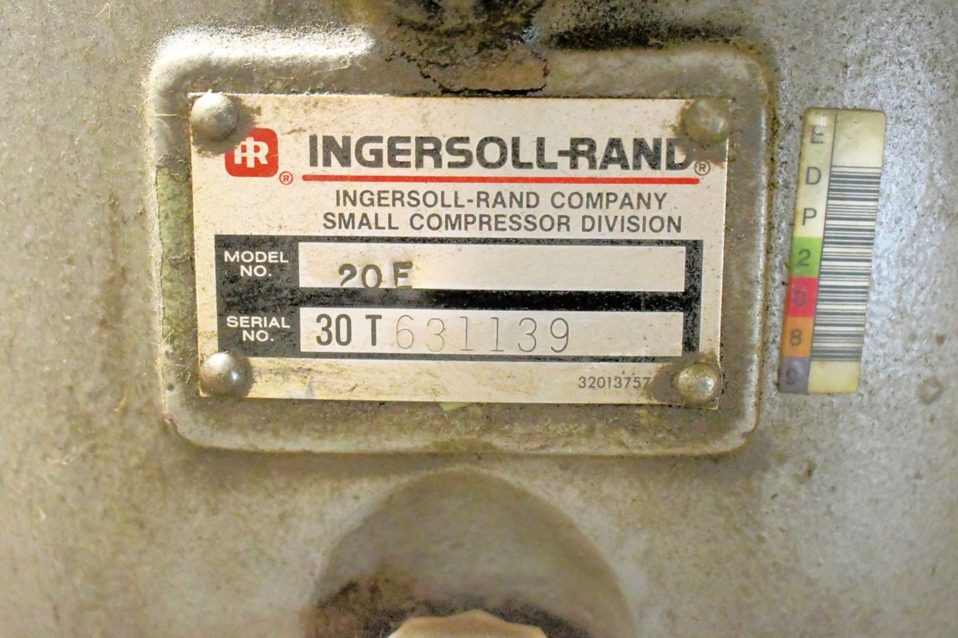 Ingersoll-Rand 20-HP Model 20E Horizontal Tank Mounted Air Compressor, S/N: 30T631139 (1988); 3- - Image 4 of 5