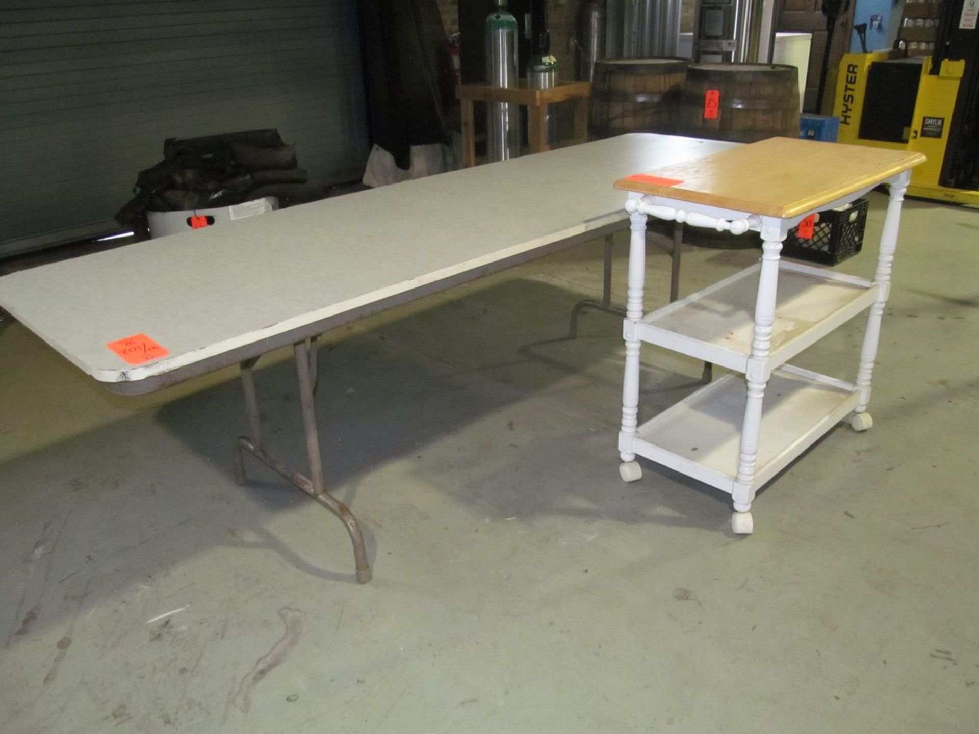 Lot - 8 ft. Folding Table, Portable 3-Tier Cart, 8 ft. x 4 ft. Wood Work Bench Table, (1) L-Shaped