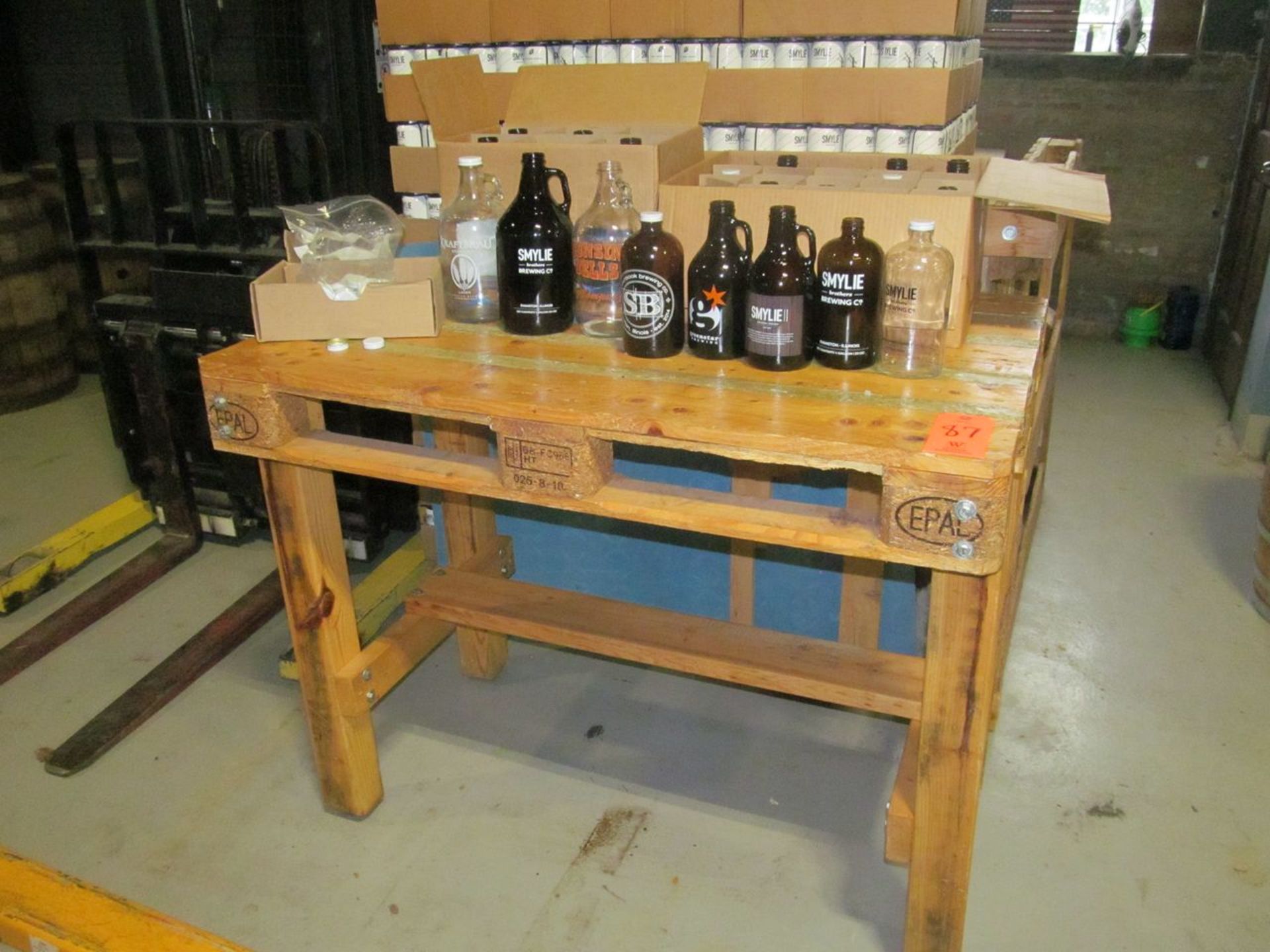 Lot - Assorted Growlers, Howlers and Wood Pallet Shop Table (Removal Cost: N/C)