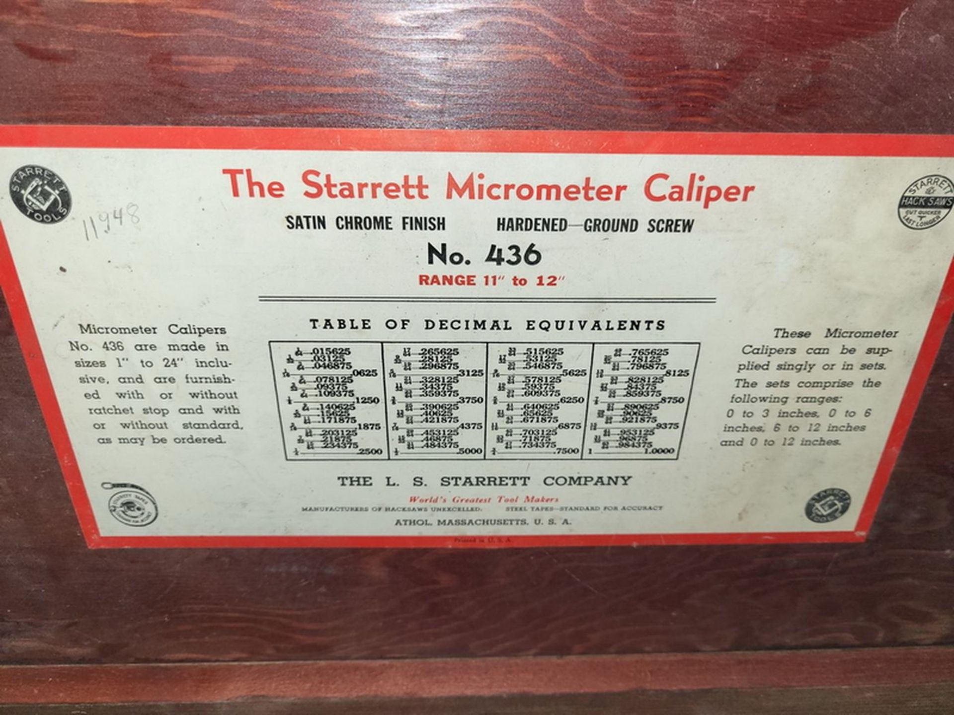 Starrrett No. 436 Outside Micrometer, 11-12 in. - Image 2 of 3