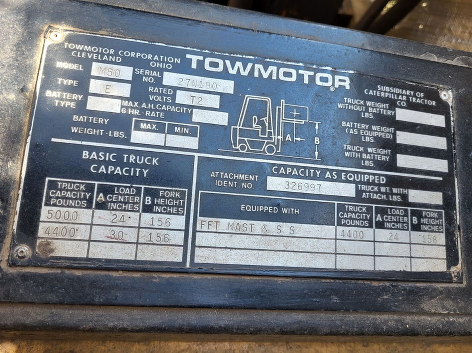 Towmotor Model M50, 5000# Electric Fork Lift Truck, SN: 27N190, Side Shifter, 156 in. Lift Height, - Image 7 of 7