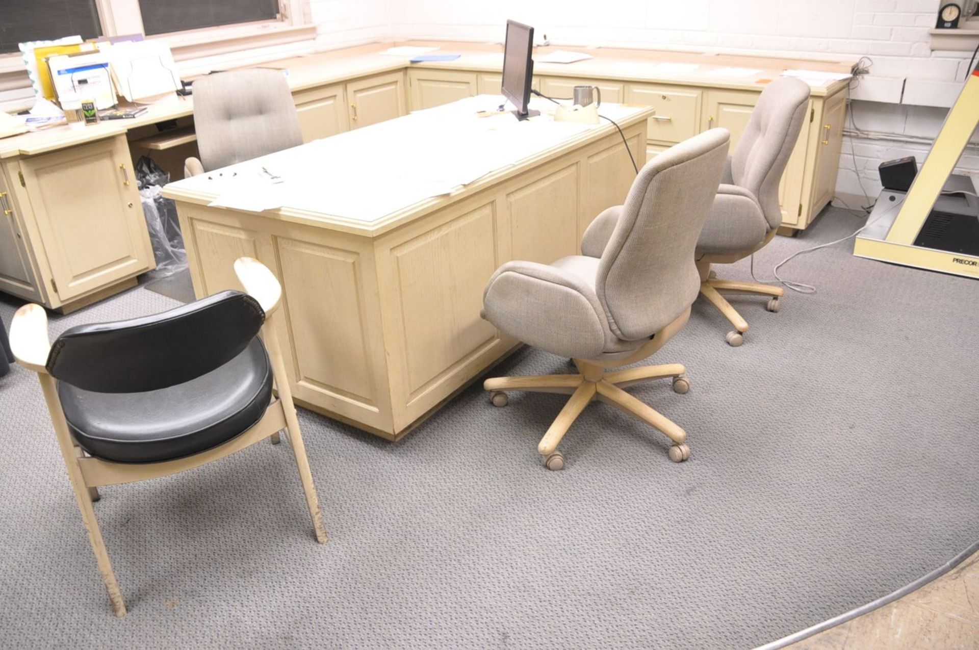 Lot - Desk, Credenza, Table, (3) Swivel Office Chairs, (3) Stationary Chairs and (1) Section of