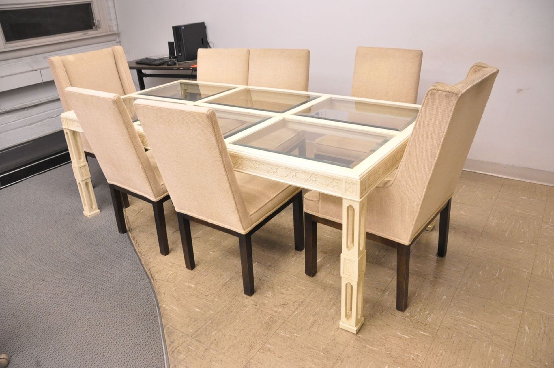 42 in. x 82 in. Glass Table with (7) Chairs (Removal Cost : N/C)