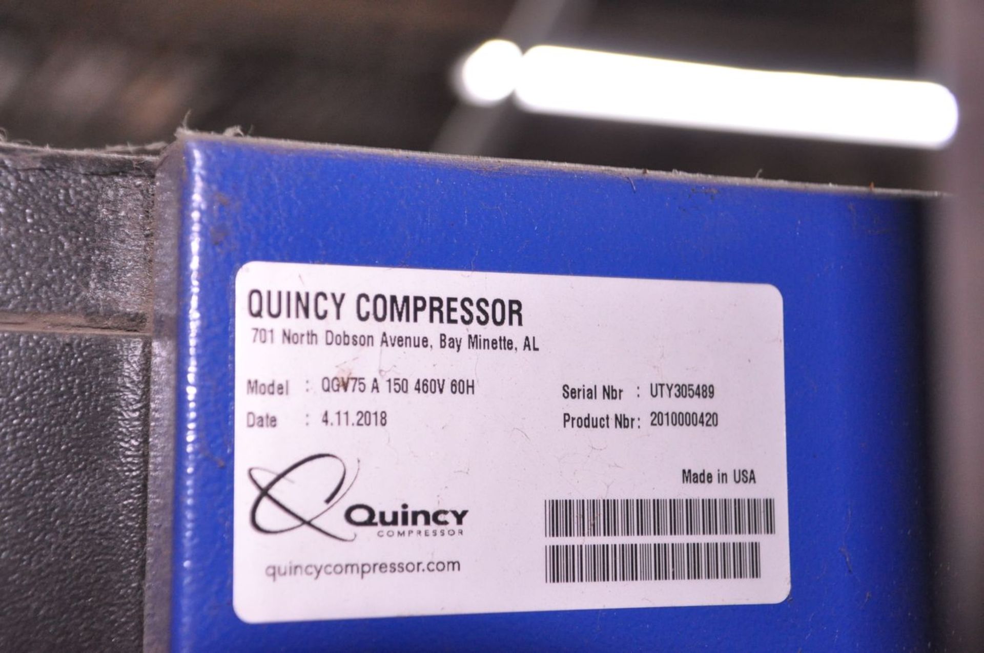 Quincy 75-HP Model QGV-75A150 Rotary Screw Air Compressor, S/N: UTY305489; with 9,900 Hrs. (at - Image 4 of 4